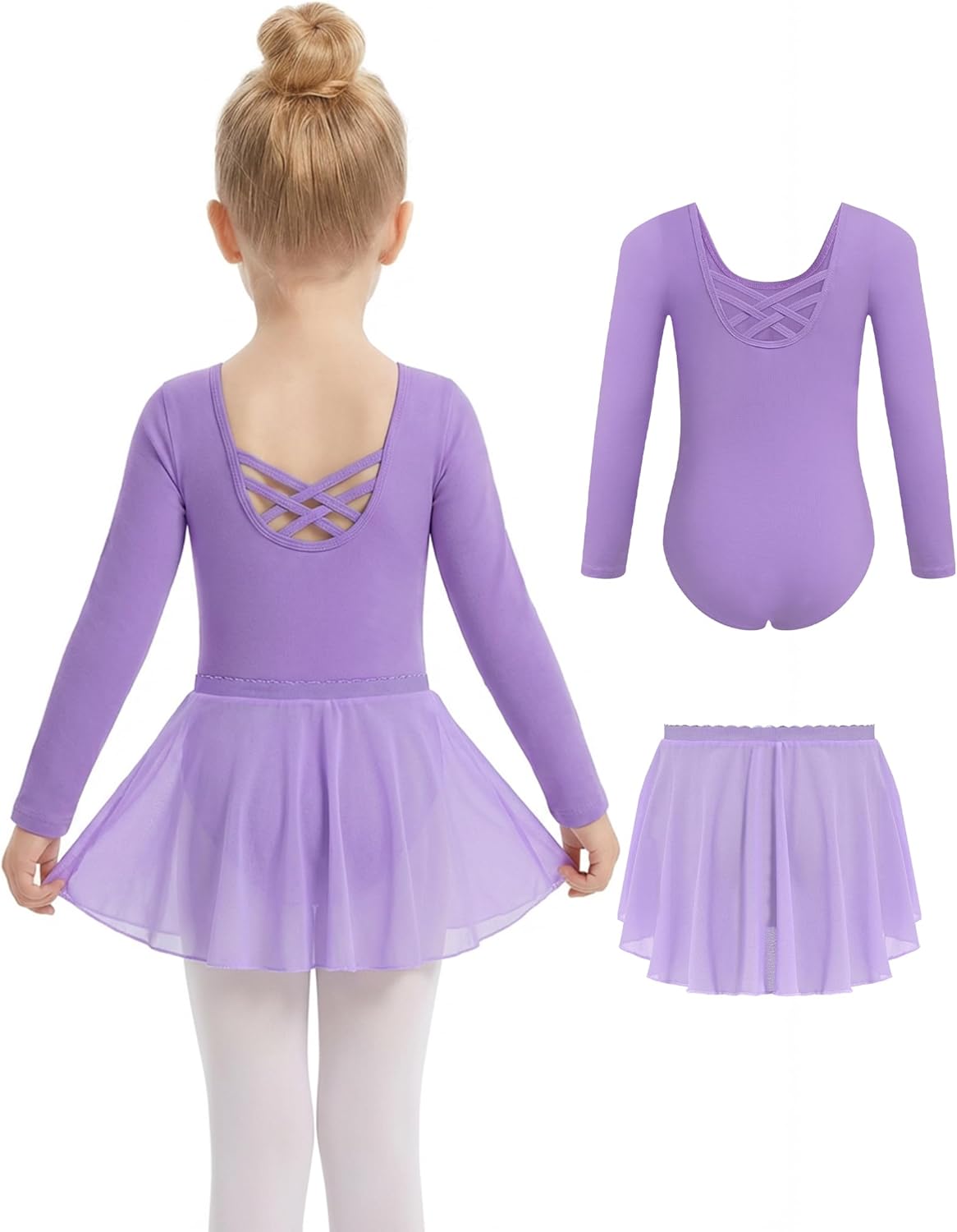 Gogokids 2PCS Long Sleeve Dance Leotards with Removable Skirt, Toddler Dance Dress for Ballet Class & Performance 3-11Years