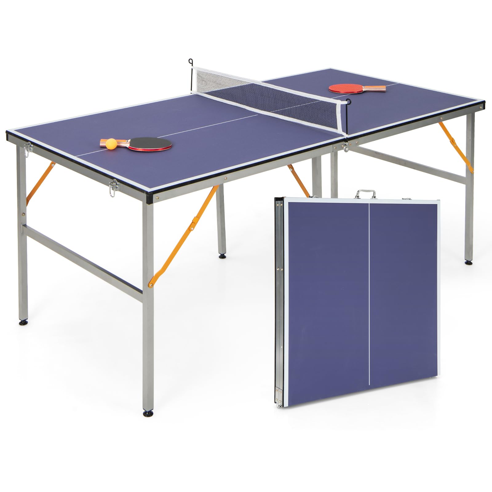 GYMAX Folding Table Tennis Table with Net, 2 Rackets and 3 Balls, Table Tennis Table for Indoor and Outdoor 180 x 90 cm, Blue