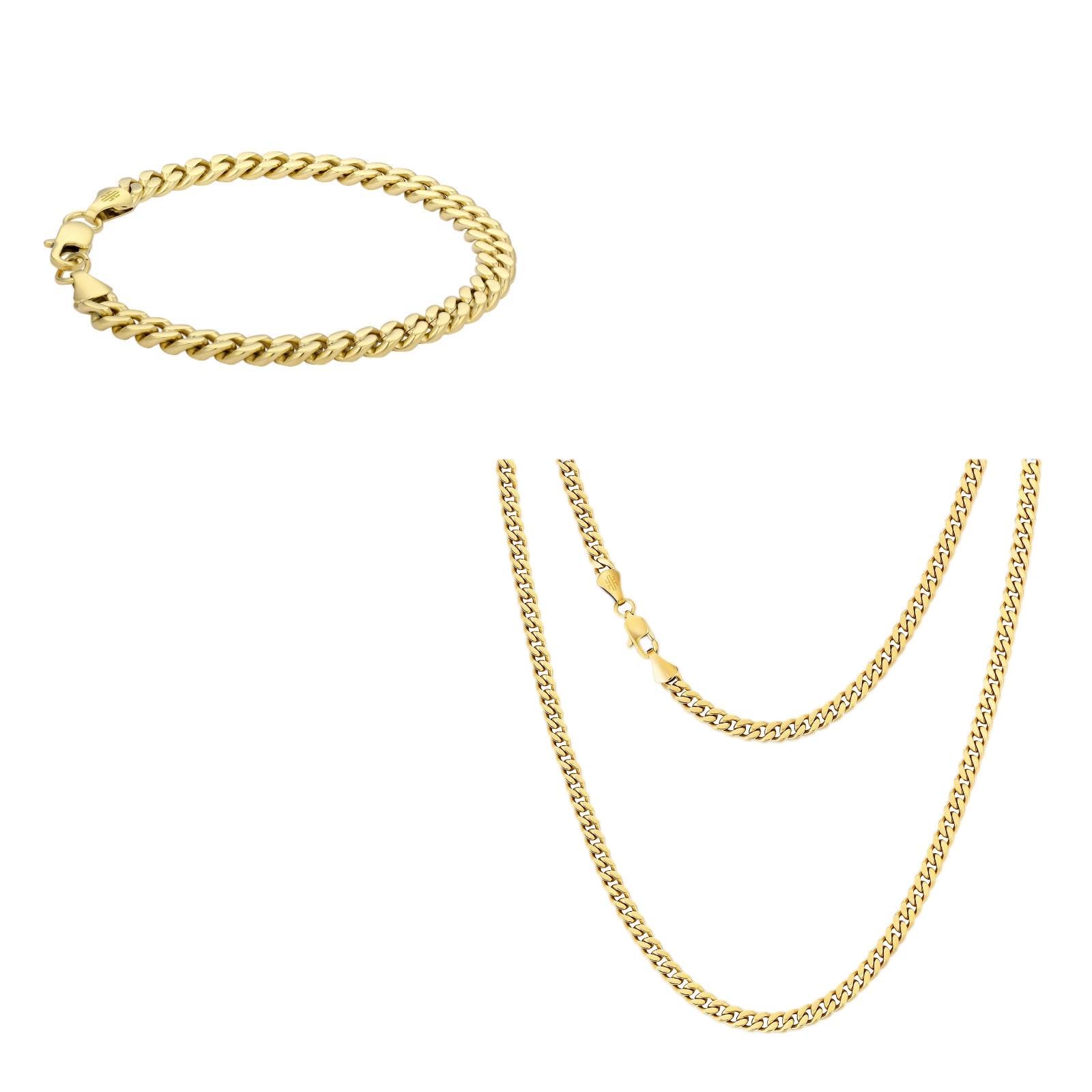 KRKC Herren Schmuck Set, 14K Gold Vergoldet Edelstahl 3mm Cuban Armband 22,9cm & 4mm Cuban Link Chain Halskette 55,9cm, Panzerkette Nickel-frei Rostfrei, Vatertag Geburtstag Geschenk für Männer