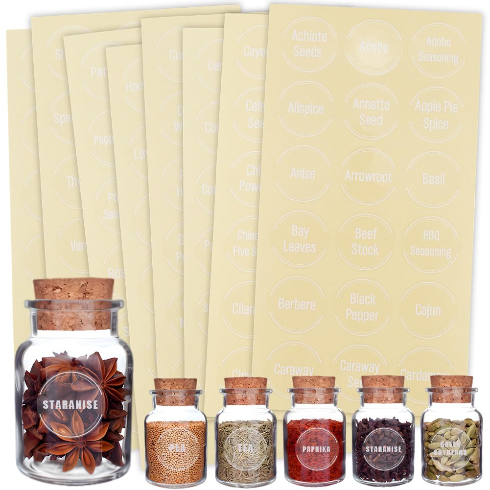 SOFPLATE 16 Sheets 2304Pcs Seasoning Jar Stickers Spice Bottle Labels PVC Self Adhesive Preprinted Clear Font Words Waterproof Pantry Name Decals Tags for Kitchen Food Box Bottles Seasoning Containers