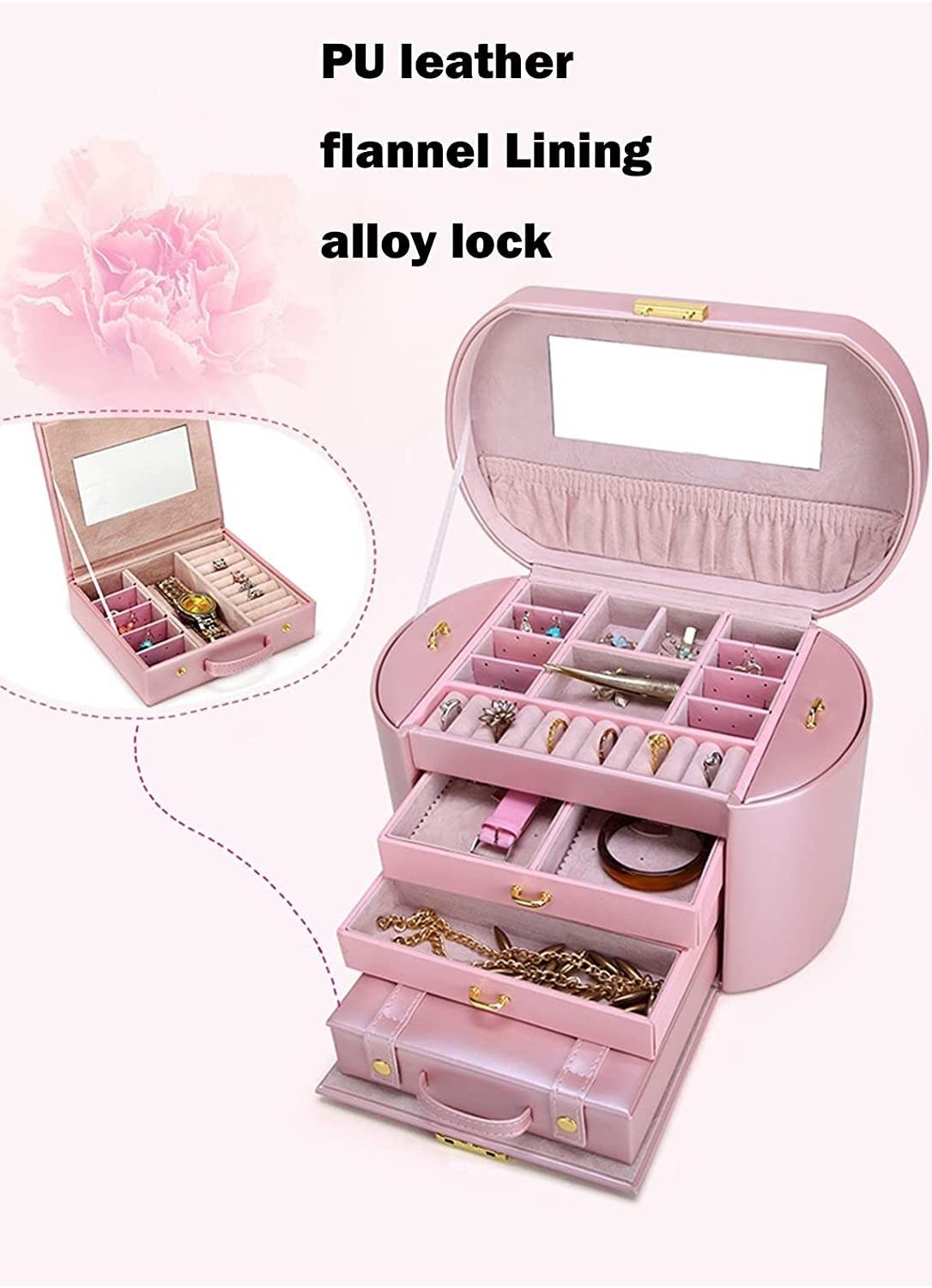Aufbewahrungsbox Schmuckschatulle Schmuck-Organizer PU-Leder 4 Schichten Doppelseitige Schubladen verspiegelt mit tragbarer Kleiner Box Schmuckaufbewahrung Uhren-Organizer