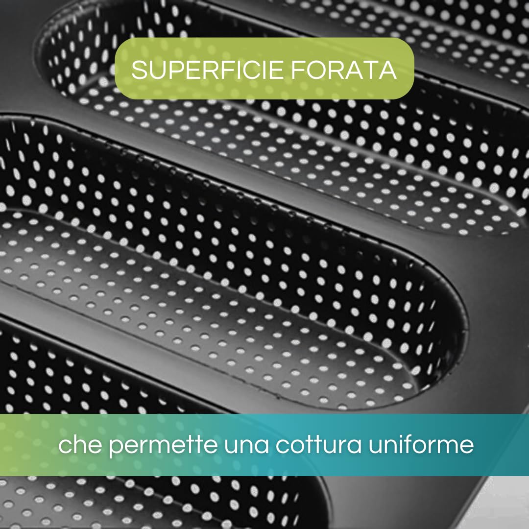 PALUPLUS Stampo per Pane, Misura 34,6x21,5 cm, Teglia da Forno in Acciaio al Carbonio Antiaderente, 4 Forme Forate da 7x17 cm per Mini Baguettes, Resistente fino a 230° -3995F