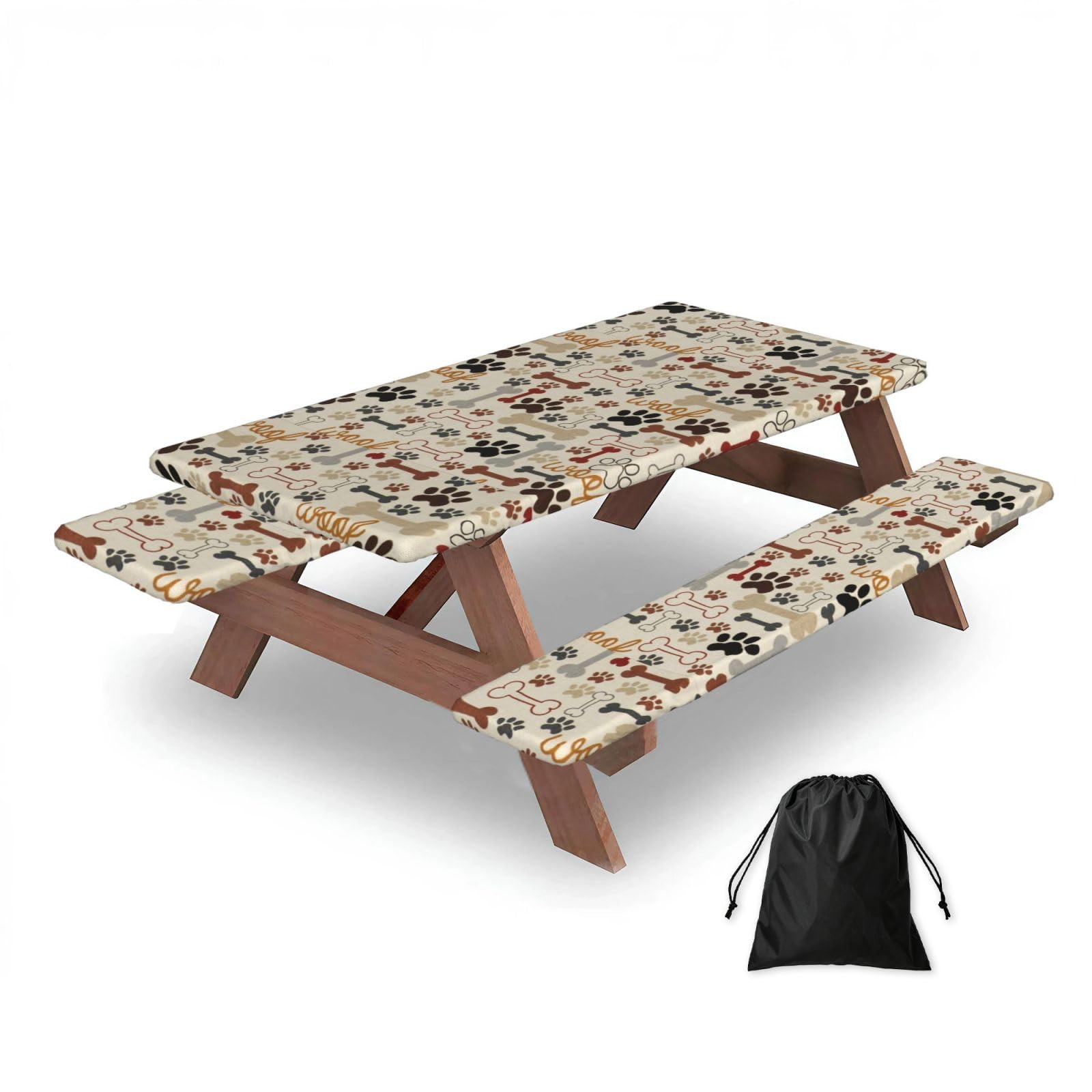 Dopklna As Picture Dog Paws And Bones, Picnic Table Cover With Bench Covers -Waterproof Elastic Fitted Tablecloth For Garden Camping Patio 76X152cm