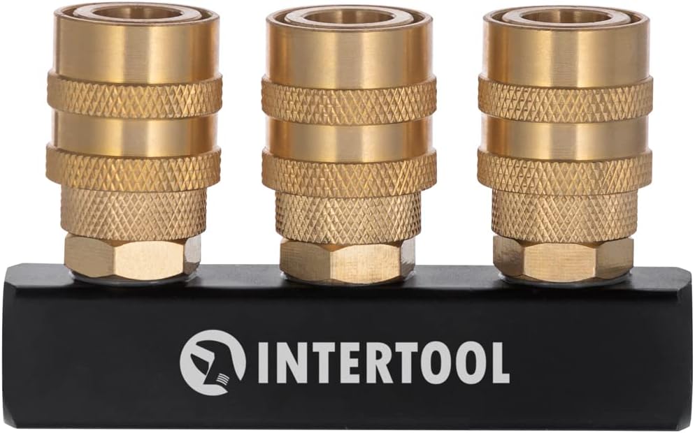 INTERTOOL 3-Way Air Splitter Manifold, 1/4" NPT, Brass Quick Coupler Connectors, Straight Block PT08-1855