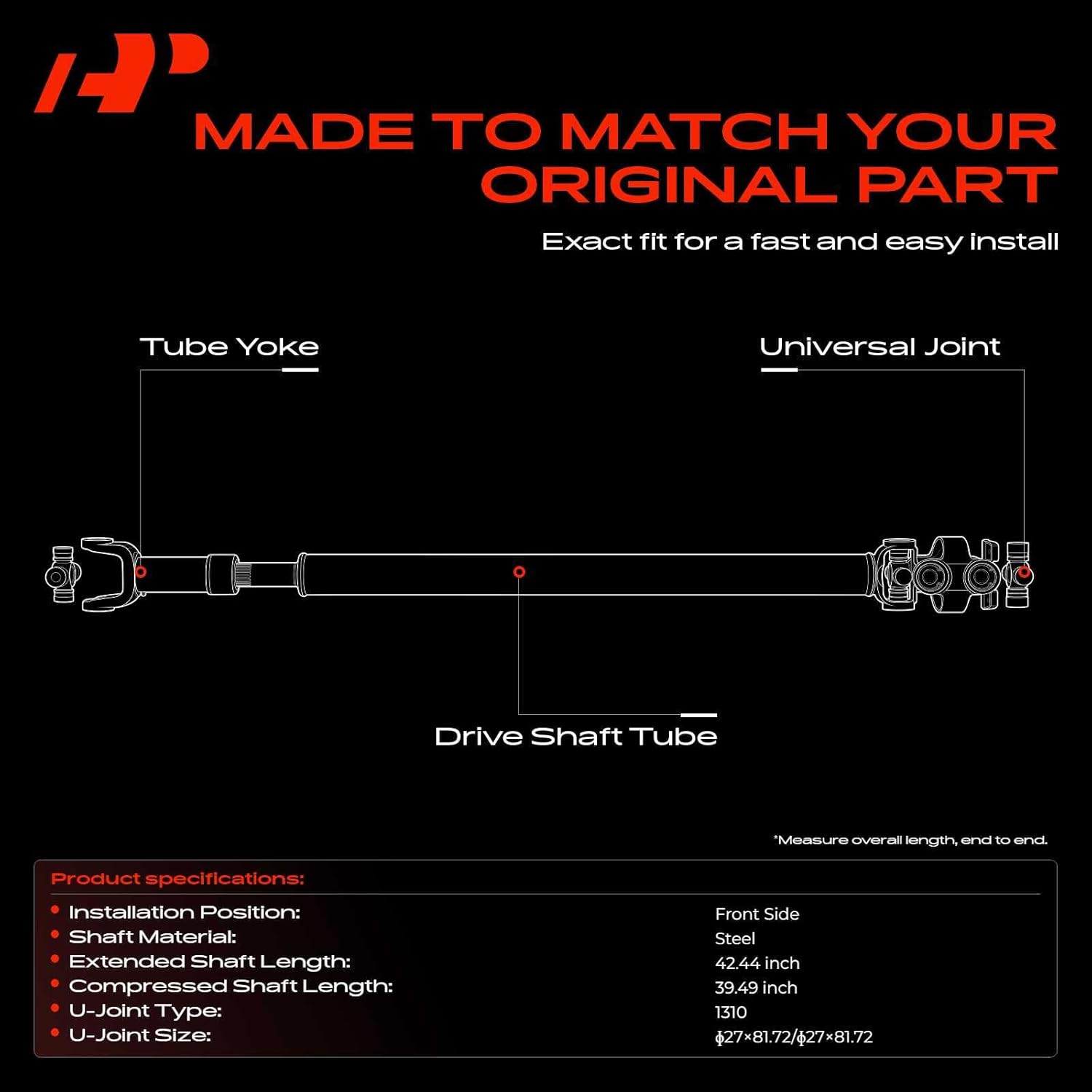 A-Premium 41" Front Complete Driveshaft Assembly Compatible with Jeep Wrangler TJ 2003-2006 L6 4.0L Command-Trac 4WD | Replaces OEM# 52098377AE 52098377AF | Precision-Balanced Drive Shaft Prop Shaft