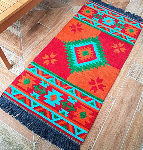 Secret Sea Collection, Mexican Area Rug, Double Sided, Washable (2' x 4', Red,Orange-Turquoise)