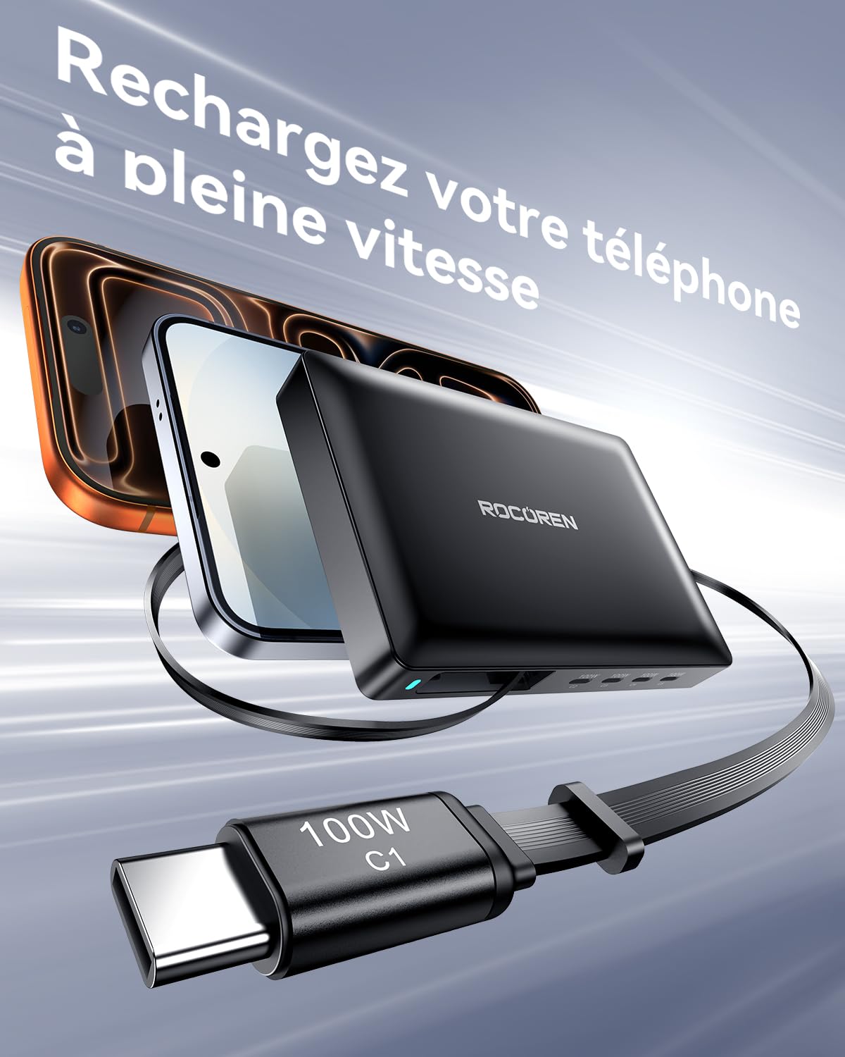 Rocoren Chargeur USB C 8 en 1 avec câble rétractable, Station de Charge USB GaN - Plusieurs Appareils Compatibles avec Ordinateur Portable, MacBook, iPad, iPhone, Samsung et Plus Encore
