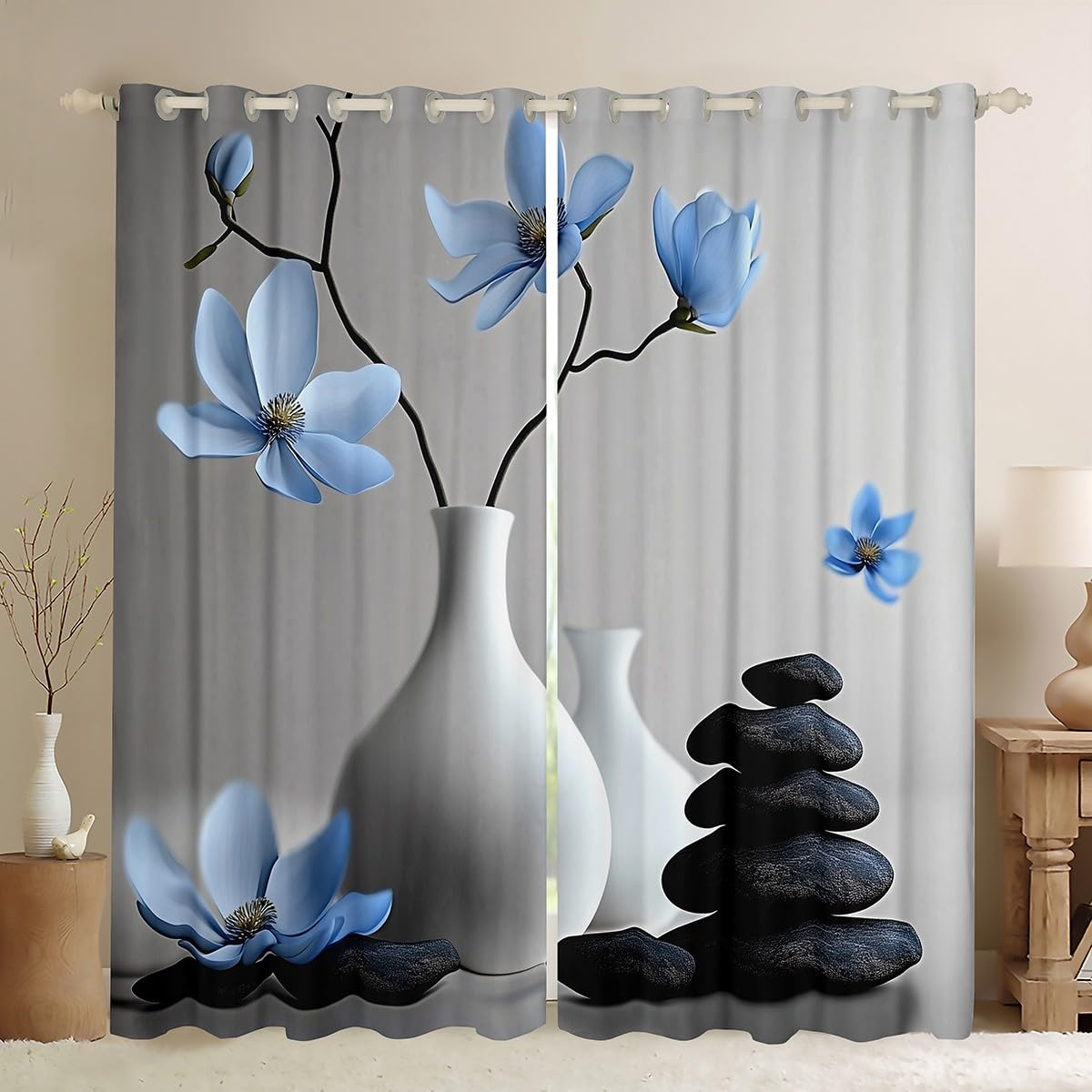 Zen Stones Window Drapes,White Vase Blue Flowers Aesthetic Window Curtain for Bedroom,Japanese Floral Simple Style Curtain of 2 Panels for Kids Adults,52Wx90L Inches