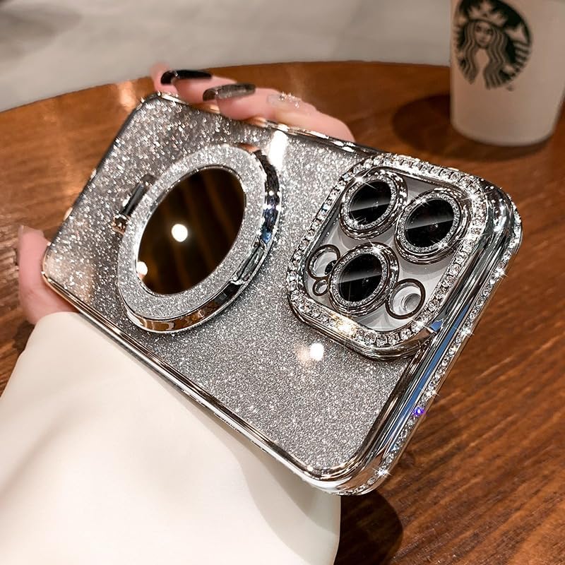Mirror Kickstand Glitter Diamond Case for iPhone 15 14 13 12 Pro Max ,Magnetic Stand Holder ,Camera Lens Protector Compatible with Magsafe, Rhinesetone Bing Cover Case (silver,For iPhone 14 Pro Max) image 3