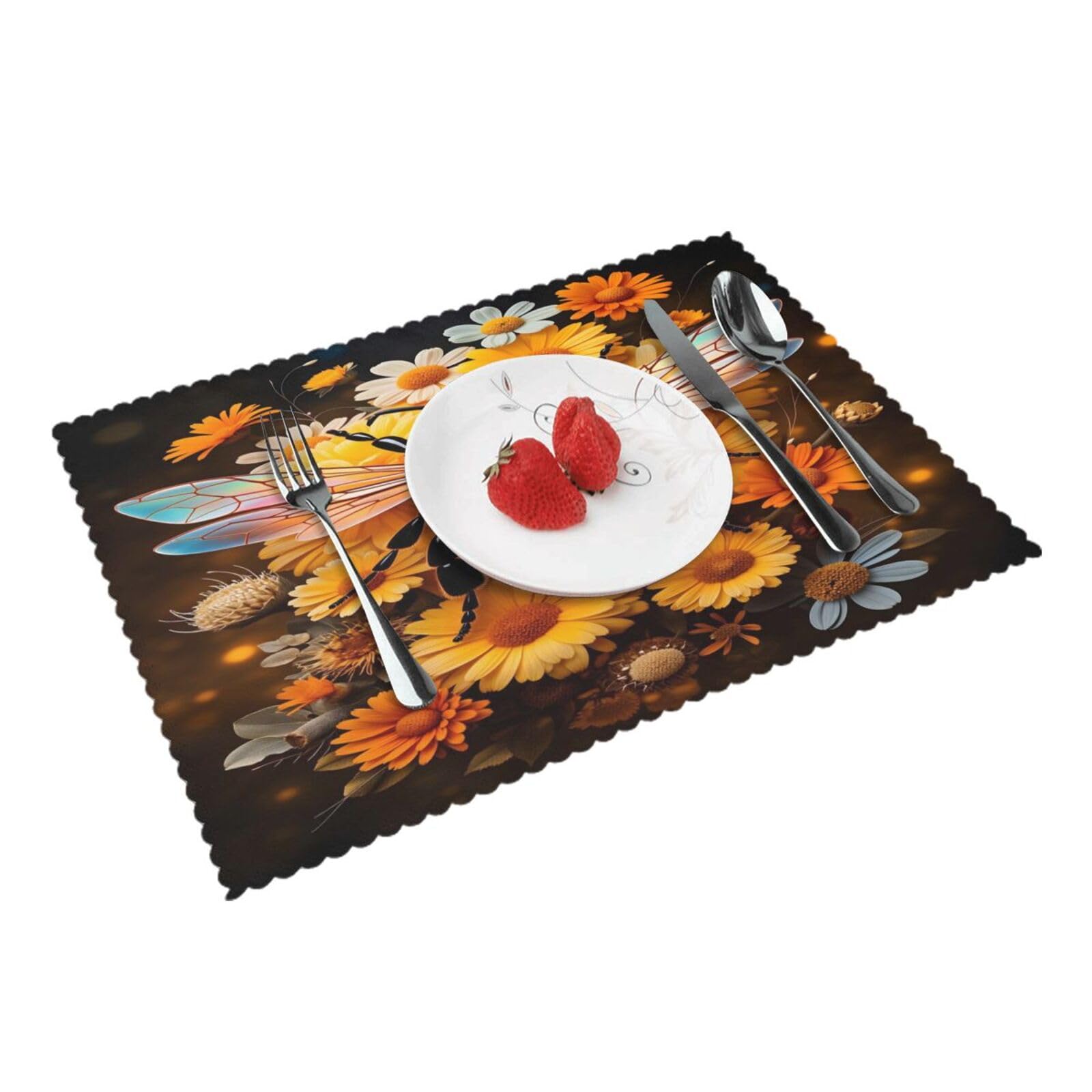 Bee Flower Placemats Set of 4 Print Table Mats Place Mats Table Decor for Kitchen Dining 12X18 in