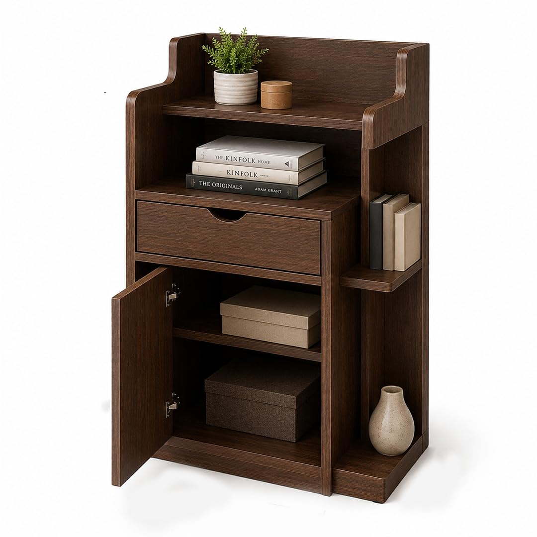 Compact Storage Cabinet with Drawer, Wooden Bedside Table, Modern End Table | Walnut Finish, Side Display Shelf, Pre-Laminated Wood, Compact Space-Saving, Multi-Storage Design-picture-13