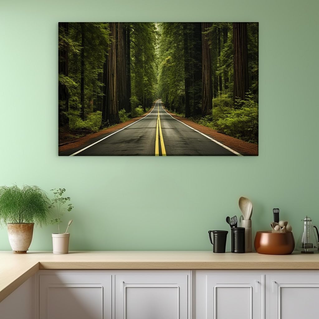 Canvas for Living room. Journey Through Tranquility: A Road Less Traveled Amidst the Forest's Embrace, 27 x 18 inch Canvas Wall Art - Contemporary Masterpieces - Modern Home Decor