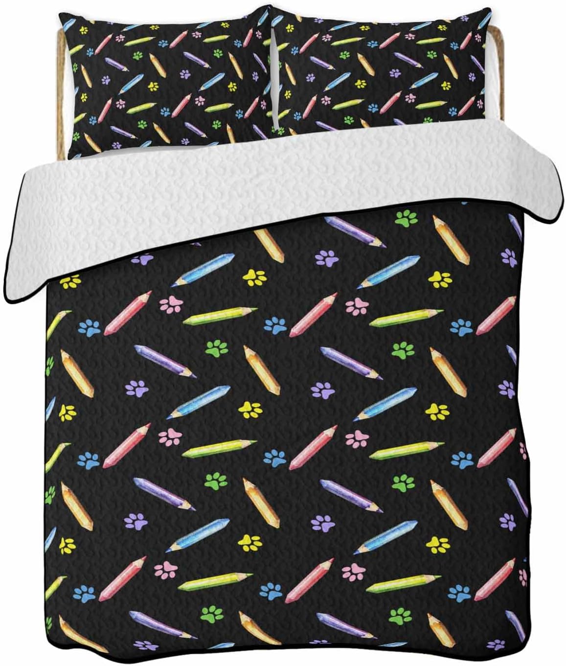 LooPoP Quilt Sets Full Size Paw Print Pencil Comforter Set Soft Bedspread Coverlet 3 Pieces Childlike Black Linen Quilted Bedding Set with 2 Pillowcases Thin Comforter Bed Cover for All Season 78x90
