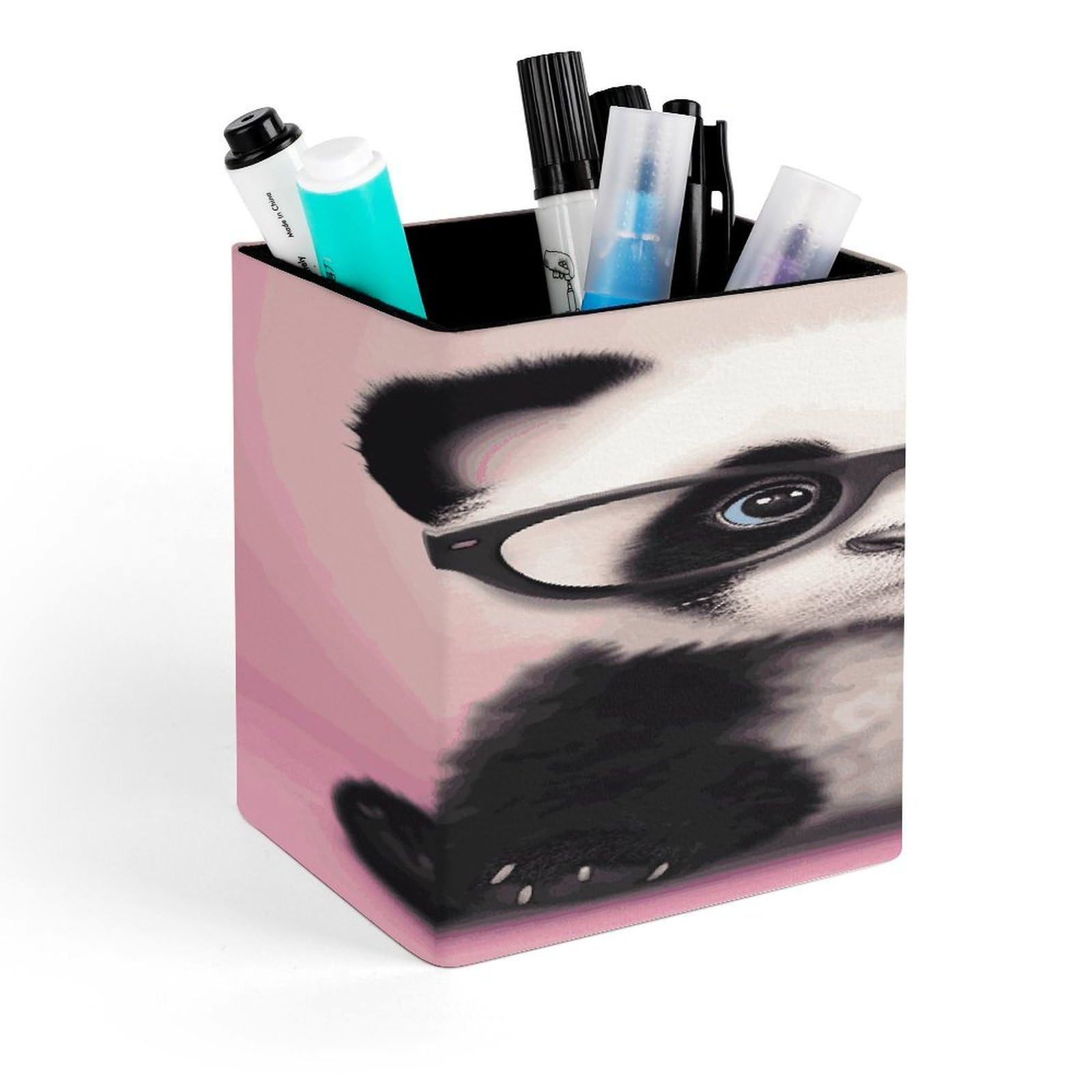 MUSM Baby Panda with Glasses Pen Holder Square PU Leather Desktop Organizer And Makeup Brush Holder Storage Box Modern Design Stationery Organizer for Office Desk Accessory