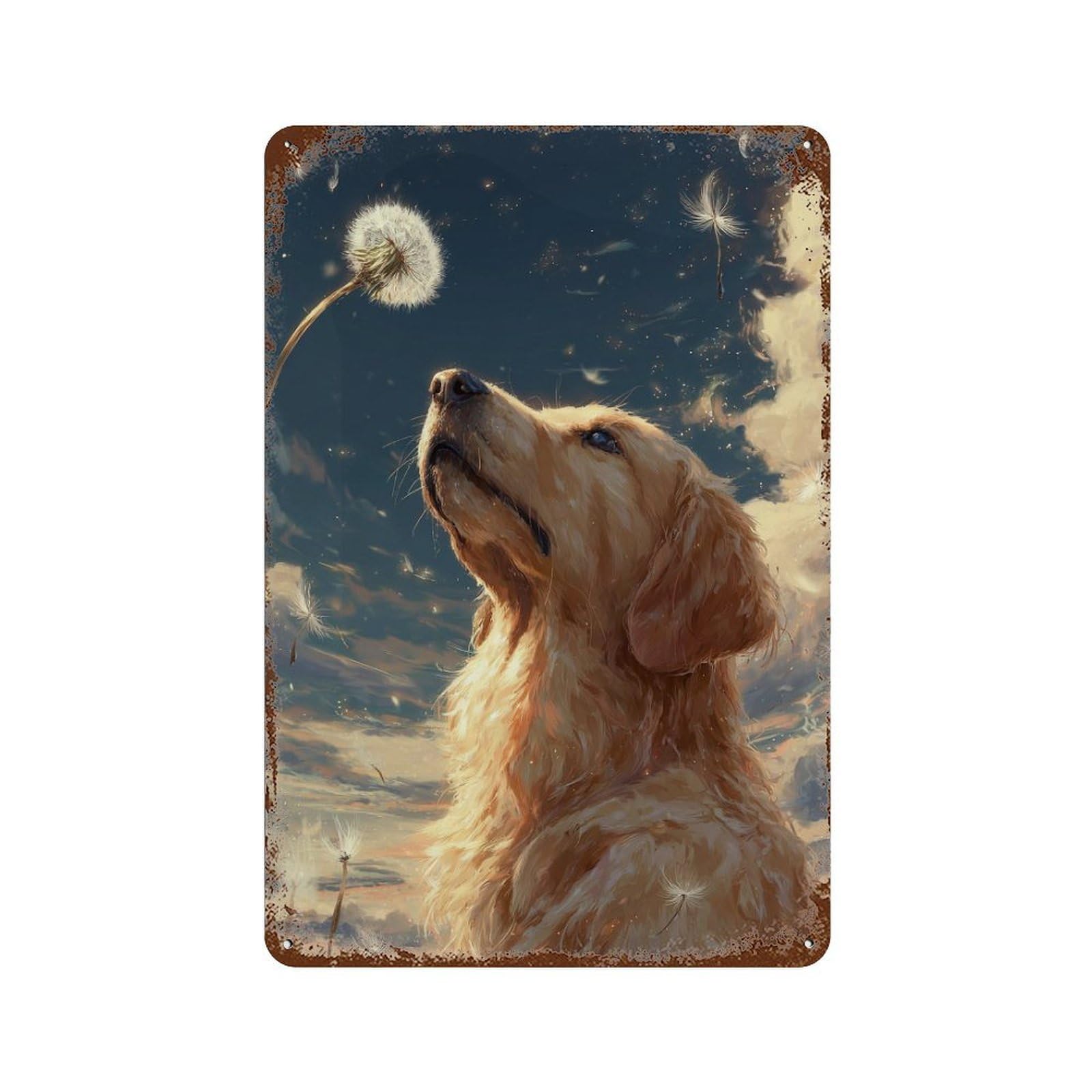 Rust Effect Golden Retriever with Dandelion Retro Metal Sign 11.8"x7.9", Novelty Wall Decor for Bistro, Counter And Cafe Decor