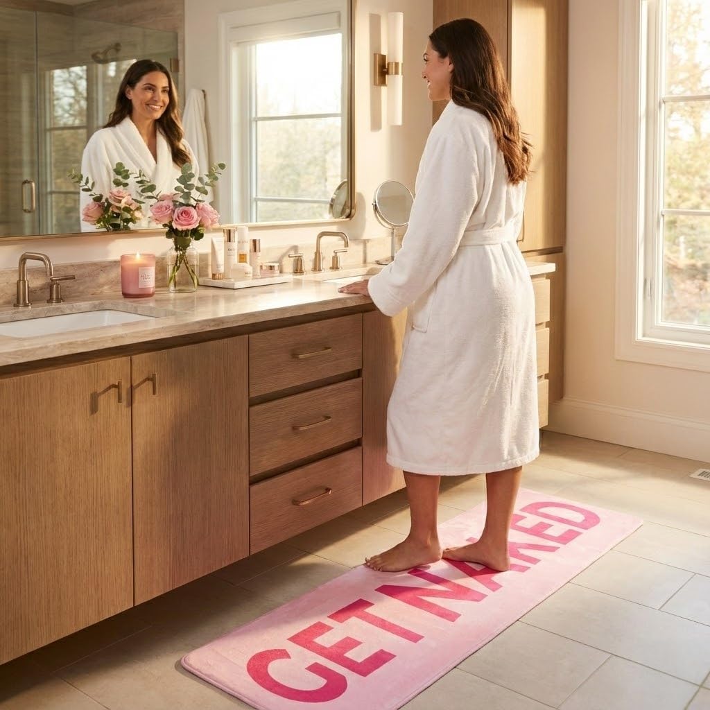 Bathroom Rug Runner 2x6, Thick Anti-Fatigue Non-Slip Memory Foam Kitchen Runner Mat, Funny Get Naked Printed, Absorbent Washable Cushioned Carpet for Double Vanity, Shower,Laundry