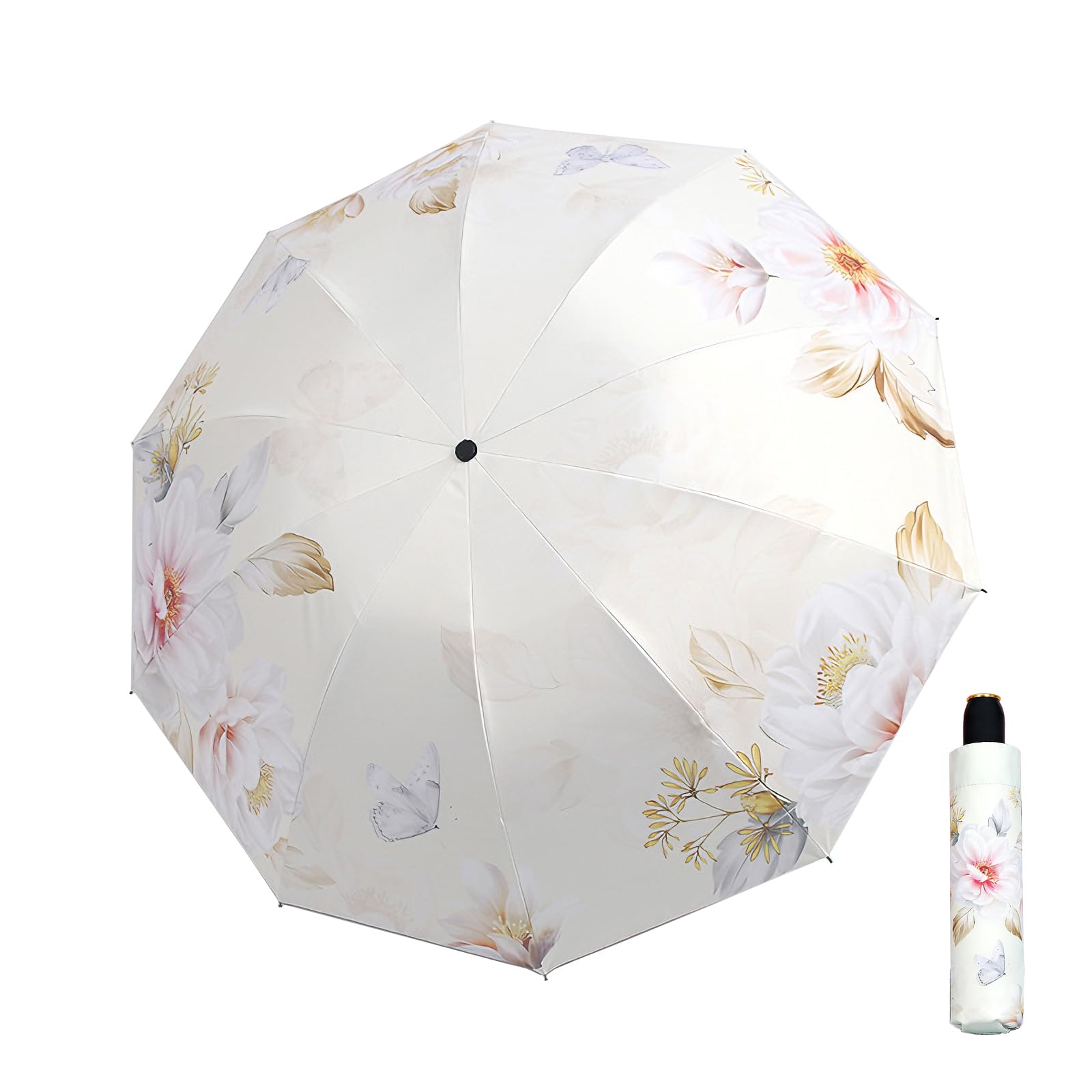 Maibar Sun Umbrella Hand Parasol 10Ribs Peony Flower UPF 50 SPF 50 UV Protection Foldable Compact Folding Umbrellas for Women (Beige)