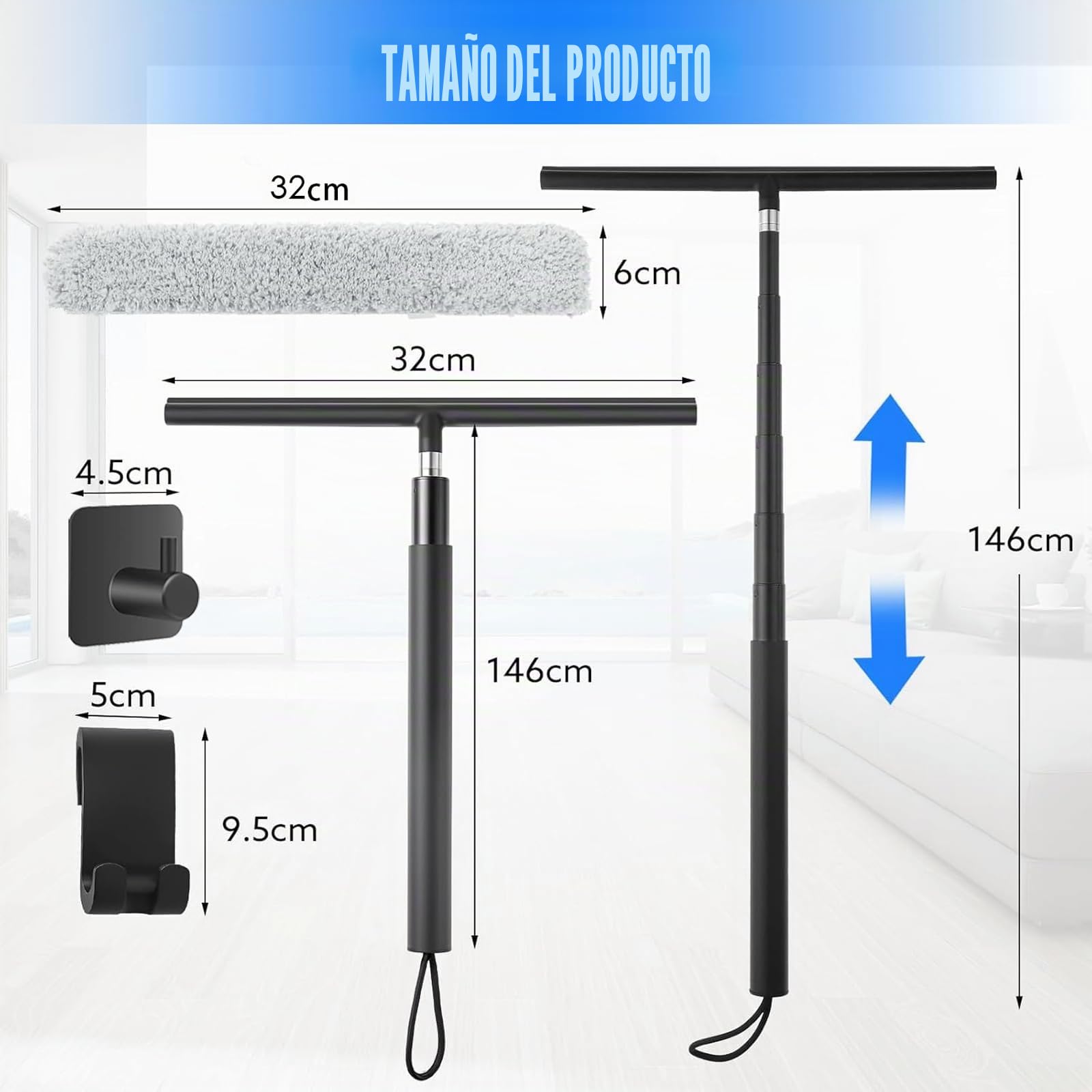 Rasqueta Limpiacristales Ducha Telescopico 120-146cm, Limpia Mamparas Cristal, Limpia Cristales para Ducha, Baño, Coche, Accesorios Baño Negro