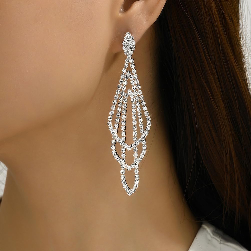 Sparkly Silver Crystal Dangly Earrings for Women Trendy, Statement Cubic Zirconia Drop Dangle Earring Long Rhinestone Tassel Party Prom Ear Jewelry Gift - Image 3