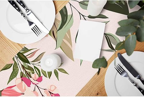 Miniatura 2 de HOSNYE Camino de mesa con flores y hojas exóticas, camino de mesa de lino y algodón para decoración de cocina, mesa familiar, mesa de comedor,