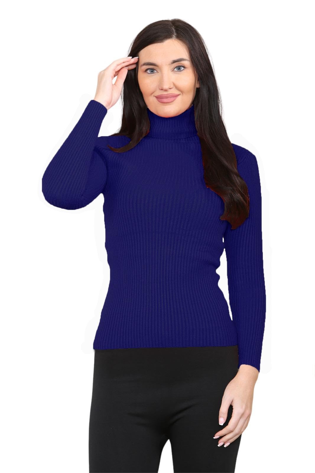 GOSTYLES® Women's Ribbed Knitted High Polo Roll Neck Jumper, Ladies Casual Smooth Stretchy Pullover Knit Turtleneck Plain Sweater Top (Navy, 14)