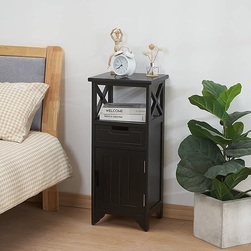 Miniatura 4 de Mesita de noche montada de 30 pulgadas de altura, armario de piso de baño premontado con estante y cajón de almacenamiento, mesa auxiliar alta negra