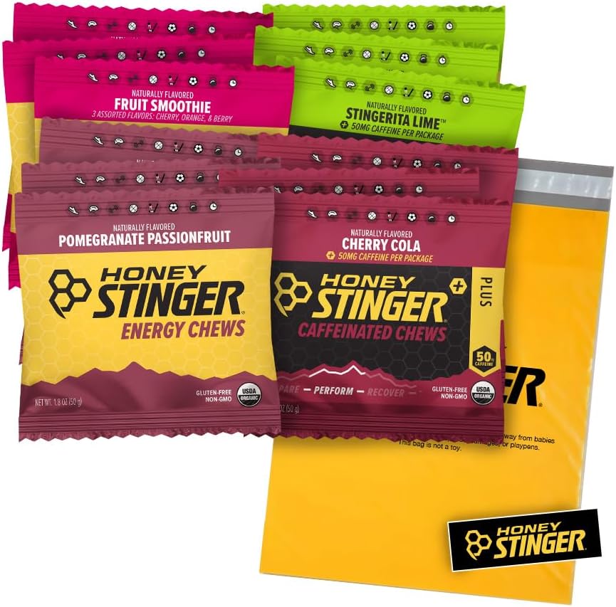 Honey Stinger Organic & Caffeinated Energy Chews Variety Pack - 12 Count, 3 of Each Flavor Gummy - Cherry Cola, Stingerita Lime, Pomegranate Passion Fruit & Fruit Smoothie, Plus Sticker & Polybag