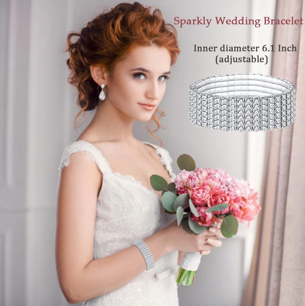 Jewdreamer 7PCS Rhinestone Bracelets for Women Cubic Zirconia Tennis Stretch Bracelet Bangle Bling Bikini Crystal Bracelet Sliver Sparkly Bridal Wedding Jewelry Bracelet Set - Image 5