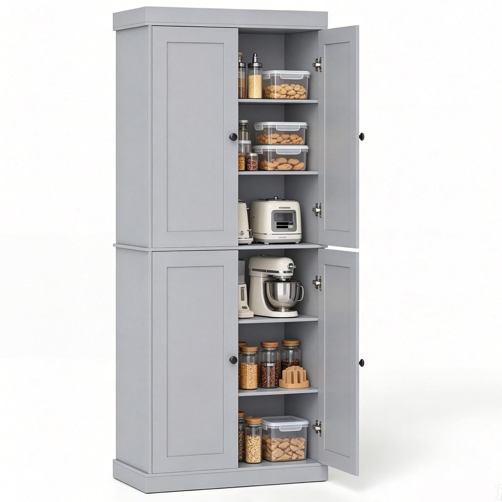 TANGZON 185cm Tall Kitchen Cupboard, 6-Tier Tall Storage Cabinet with 4 Doors & 2 Adjustable Shelves, Freestanding Wooden Sideboard Unit for Pantry Dining Living Room (Grey)