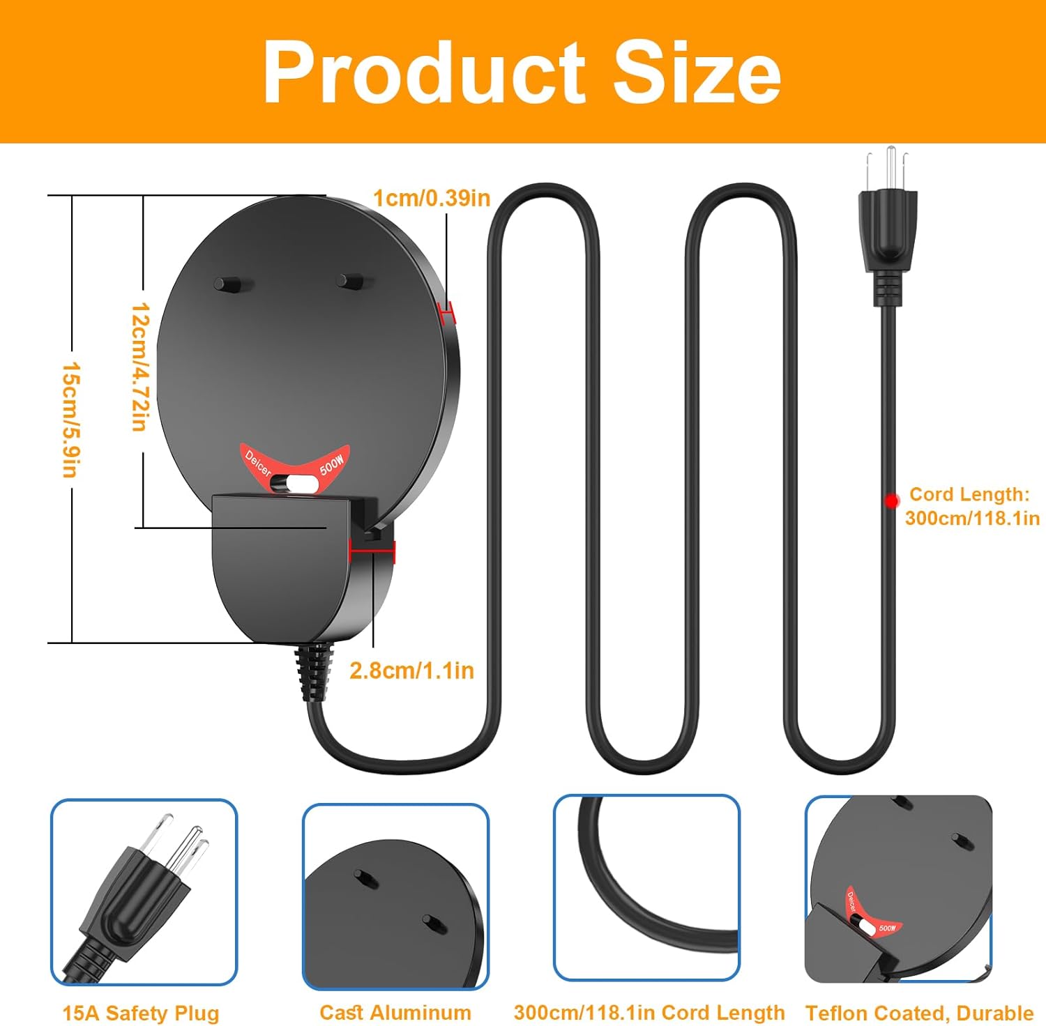 500W Chicken Water Heater w/Thermostat, Aluminum Cast Bird Bath Heater & Pond Deicer, Winter Trough Heater for Poultry, Horses, Cows