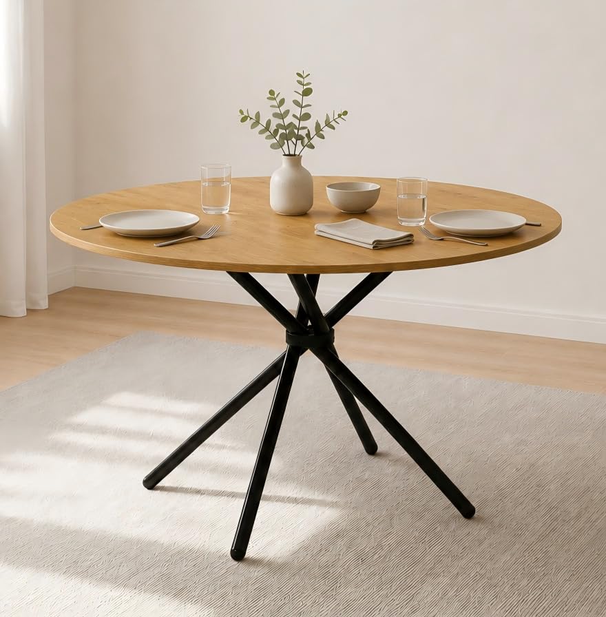 Xinyvee Esstisch Rund 100 cm Esstisch Holz in Holzoptik Eiche Runder Küchentisch für Esszimmer Modern Esszimmertisch mit Metallbeinen Kleiner Holztisch für 4 Personen Wohnzimmer Tisch