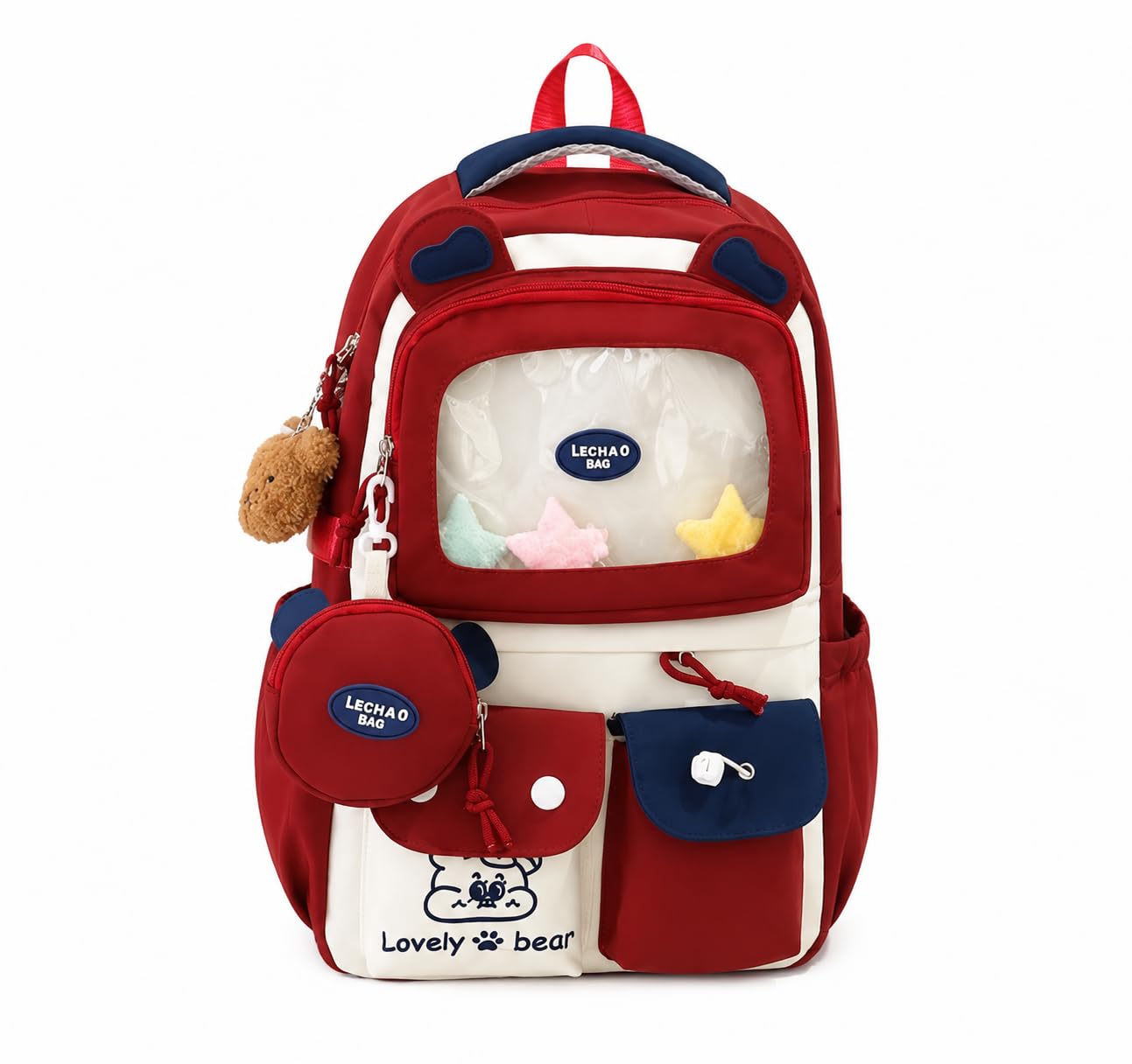 Red Kawaii Backpack 4Pcs Set – Cute Aesthetic Korean School Bookbag with Tote Bag, Utility Pouch & Pencil Case – Large Laptop Backpack for Girls & Women-image-31