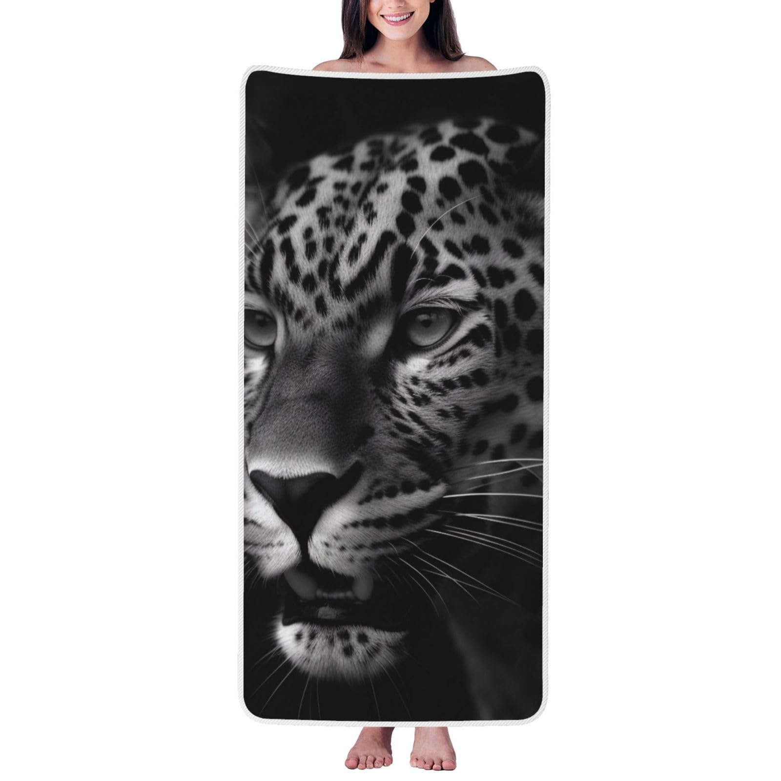 WPKJU Leopard Printed Bath Towel with White Edging - 27x55 in Soft Extra Absorbent Coral Velvet Shower Towels for Bathroom