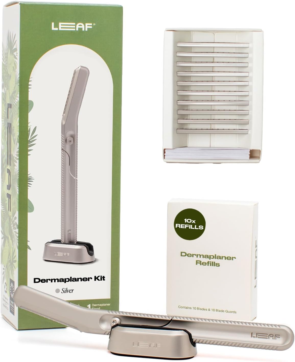 Leaf Dermaplaner Kit, All-Metal Reusable Dermaplane Razor and Exfoliating Tool for Women, Includes Matching Stand and 10-Pack of Refills - Silver