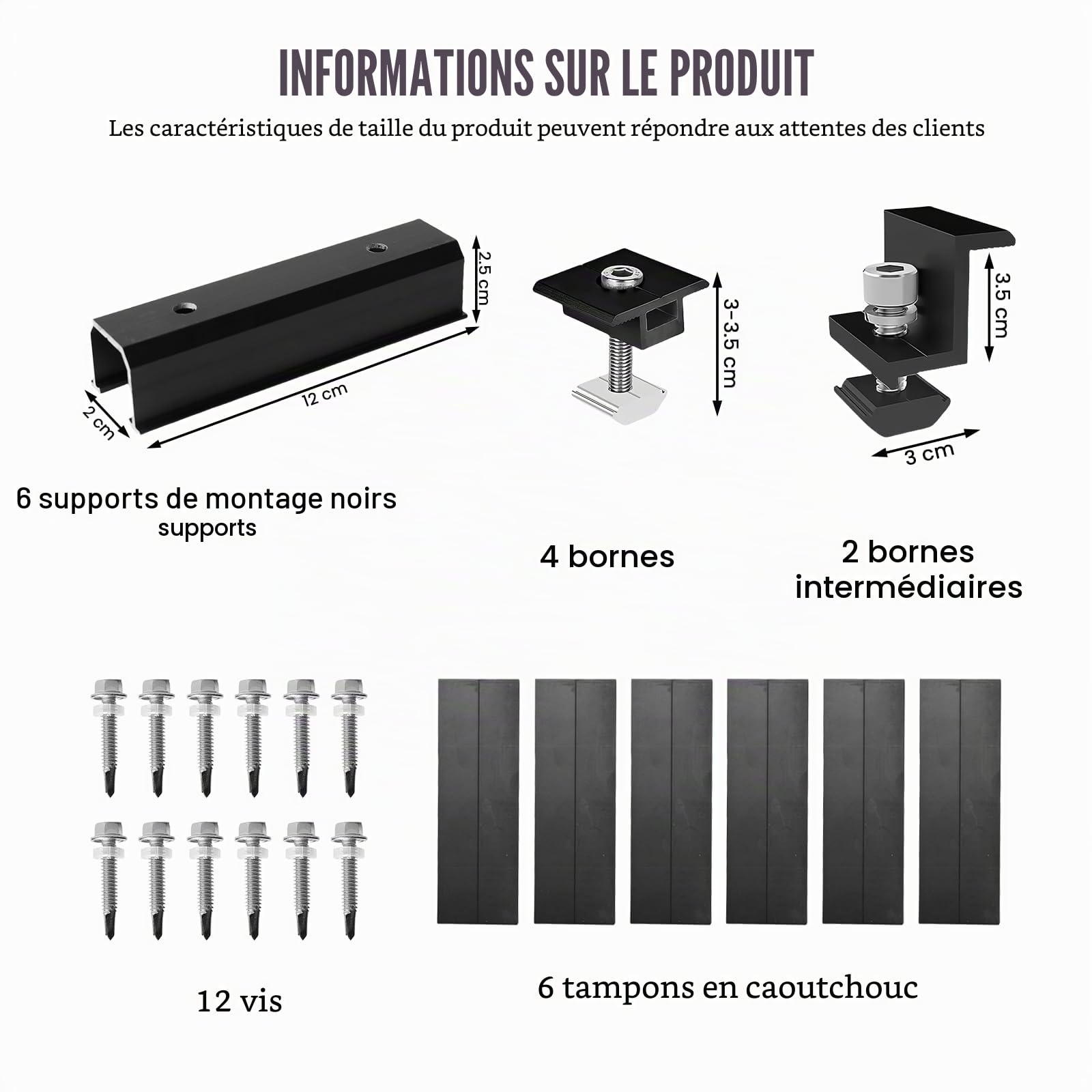 Support Panneau Solaire, Support Panneau Solaire Sol, Rail Panneau Solaire, Kit de Support de Panneau Solaire 12 cm Et Accessoires Noir Réglable de 30 à 35 Mm, Support Pour Panneaux Solaires