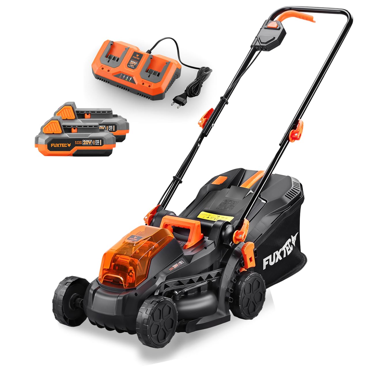Cortacésped de batería Fuxtec FX-E1RM20 2x20V Set con 2 baterías y Cargador - 33cm de Ancho de Corte / 35L de Bolsa de Recogida de Hierba