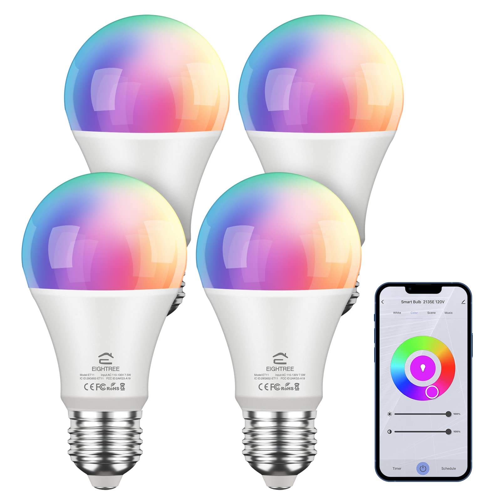 EIGHTREE Smart WiFi LED Light Bulb showcasing features like App Control, Voice Control, Scene Modes, Dimmable, 16 Million Colors, and Timer.