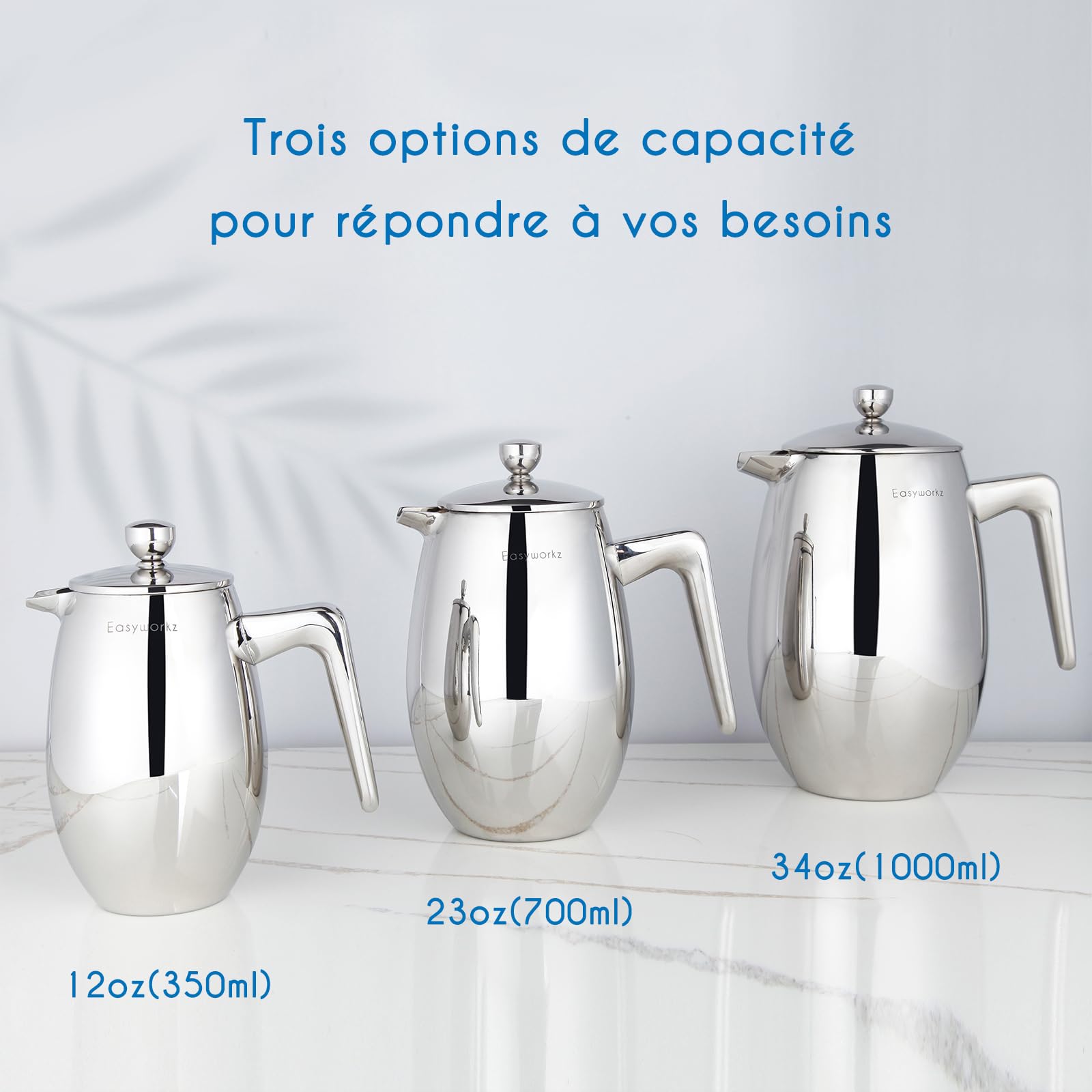 Easyworkz Nando Cafetière à piston isotherme à double paroi en acier inoxydable, 700 ml, argent