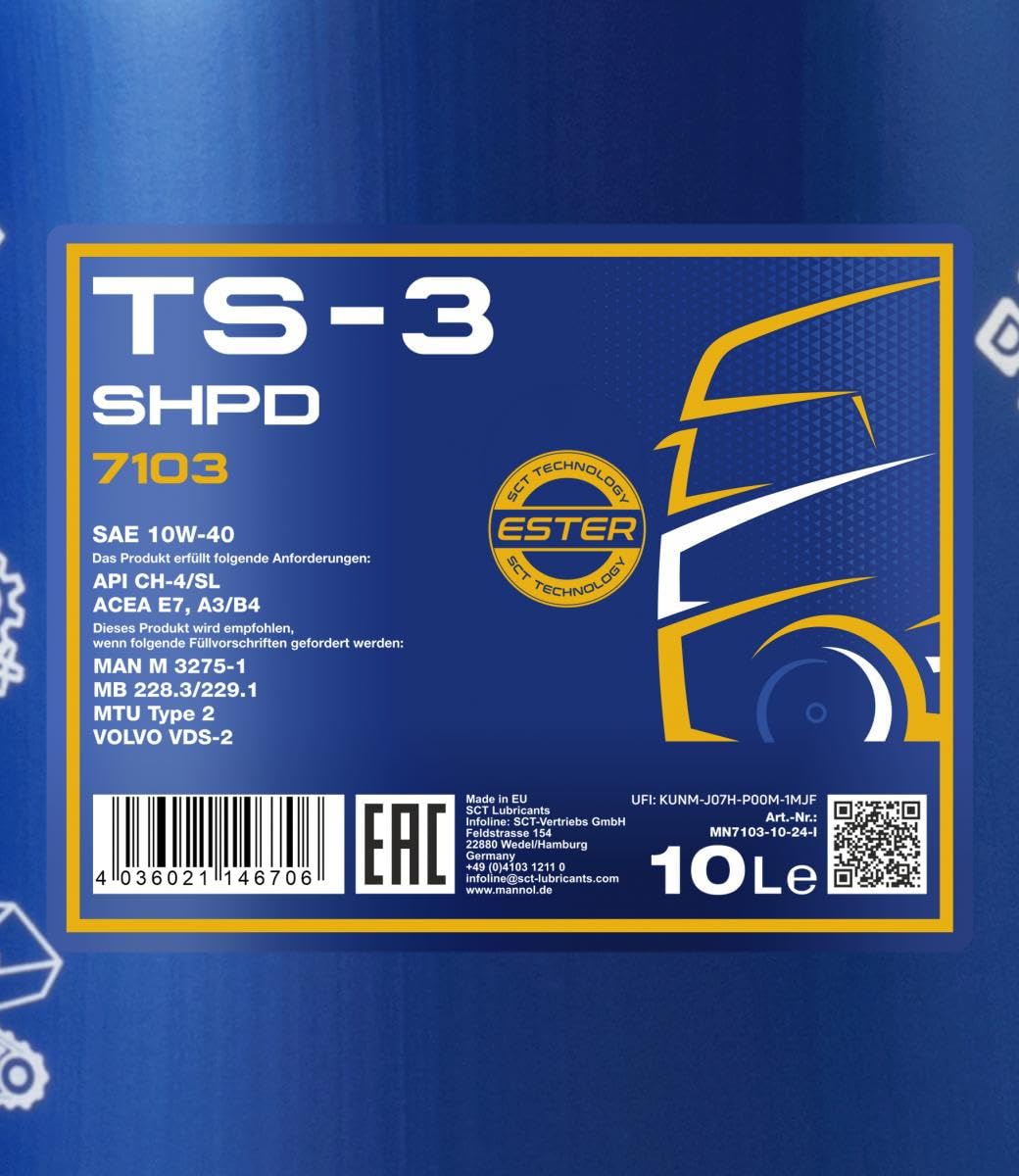 MANNOL 7103 TS-3 SHPD Motoröl 10W-40 mineralisch für Dieselmotoren, 10L | Ganzjahres-Mehrbereichsöl für Nutzfahrzeuge, Bau- und Landmaschinen, erfüllt API CH-4/SL, ACEA E7, MB 228.3, Euro I-IV