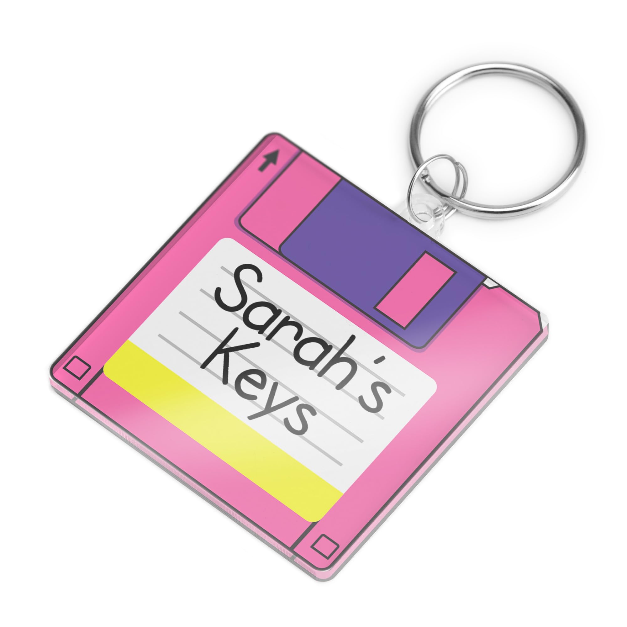 A1 Graphics Ltd Unisex Pink Personalised Floppy Disk Keyring – Custom Retro Acrylic Keychain (Pink)
