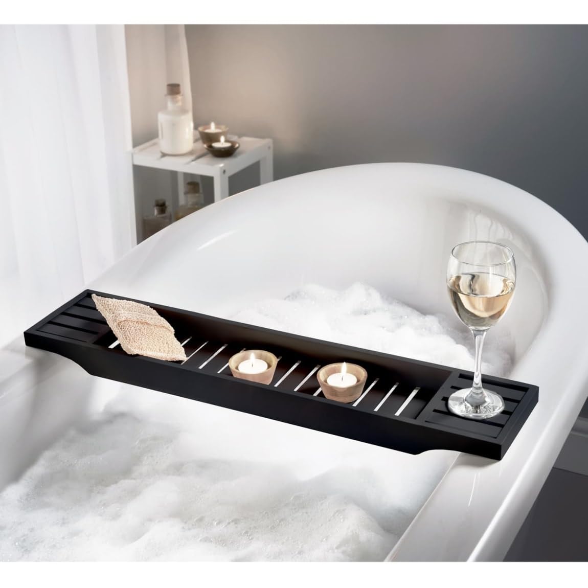 Wooden Bath Tray, Bath Shelf Bathroom Accessory, Home Spa Boards for Adults, Bathtub Caddy, Bath Board with Book Rest Device Holder (Tablet/Smartphone Candle & Wine Glass)