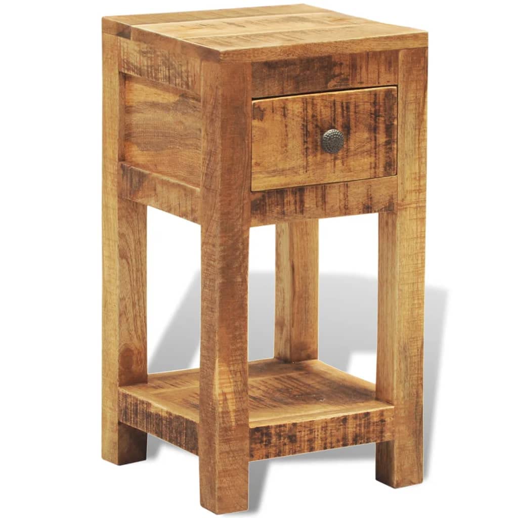 Beistelltisch aus massivem Mangoholz mit Schublade und unterer Ablage, ideal als Nachttisch oder neben der Couch für Schlüssel, Notizblöcke und Dekoartikel.