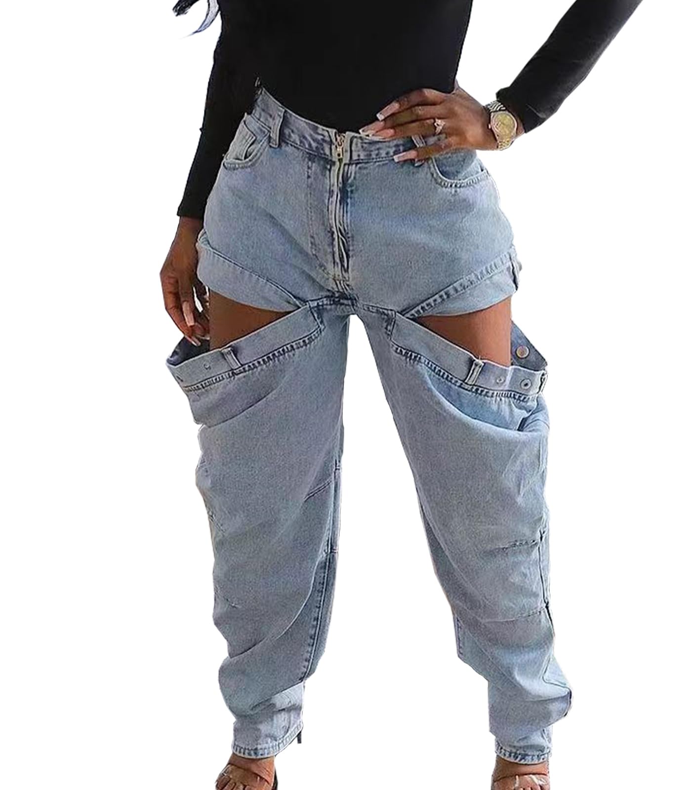 Angsuttc Blue Jeans for Women Cut-Out High Waist Zipper Loose Denim Jeans Blue M