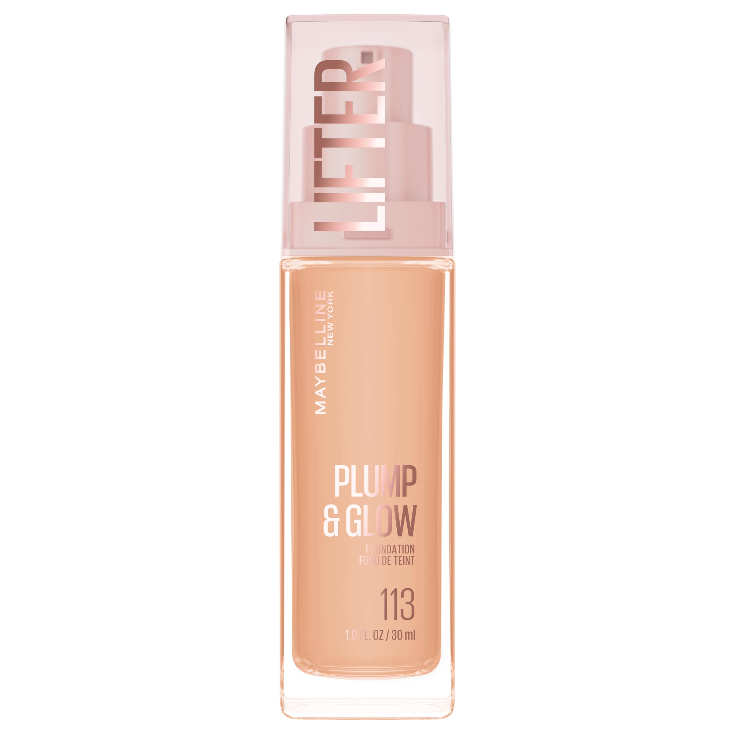 Maybelline Lifter Plump & Glow Foundation, Liquid Foundation with 2% Niacinamide + Hyaluronic Acid, Plumping and Brightening Face Makeup, 113, 1 Count