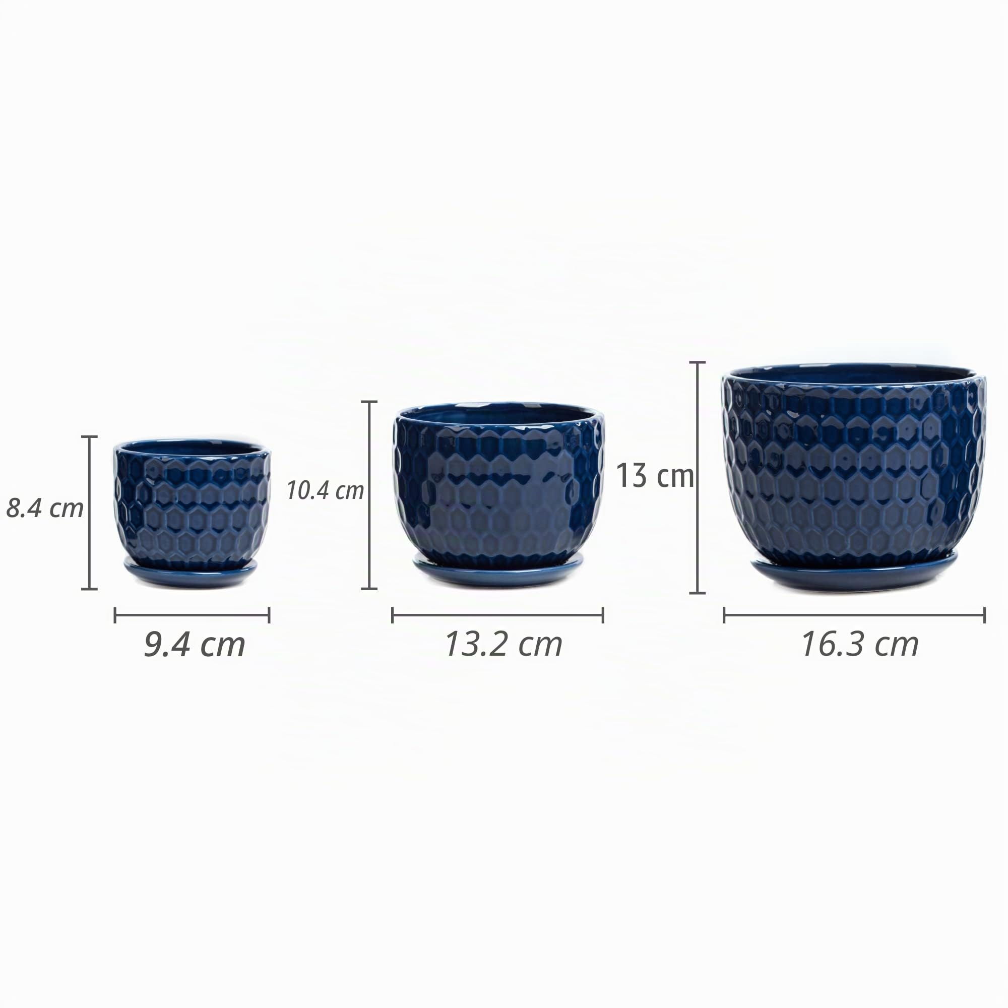 Macetas de cerámica con Orificio de Drenaje y platillo, macetas Redondas para suculentas de Interior con diseño de Textura Inspirado en Panal, tamaño pequeño a Mediano, Juego de 3, Azul Marino