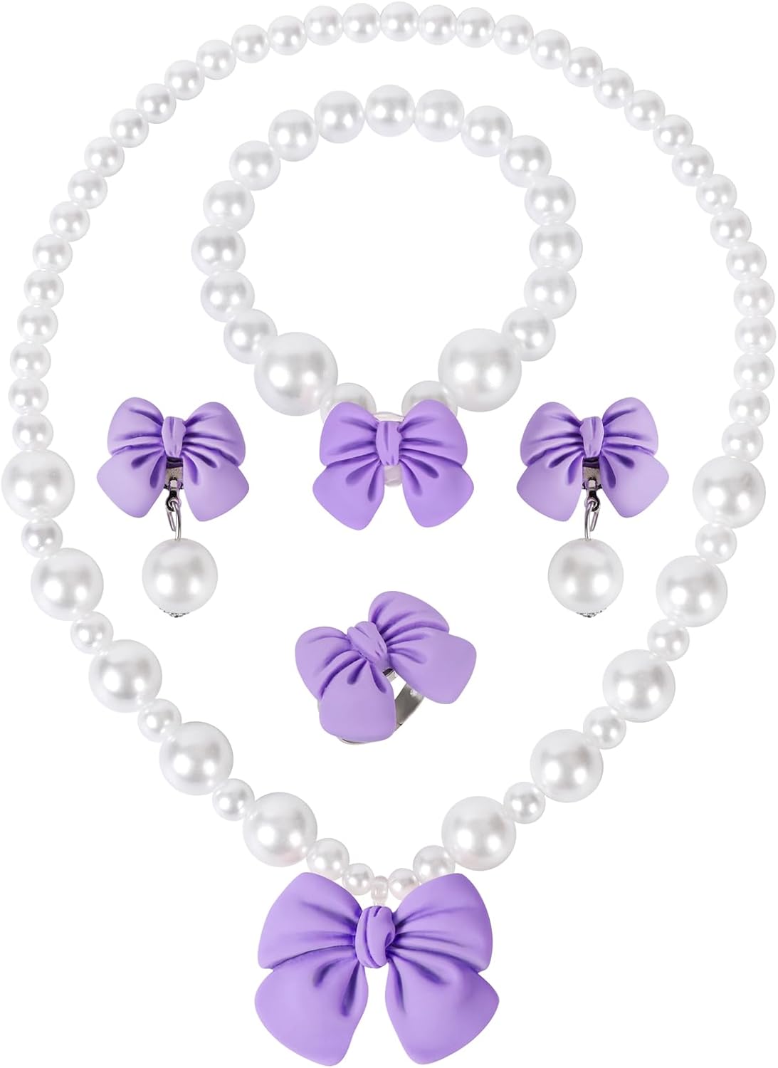 Princess Jewelry for Little Girls, Handmade Bow Pearl Kids Jewelry Set, Stretch Necklace Bracelets Rings and Clip on Earrings, Perfect for Dress Up, Birthday Parties, and Costume Play
