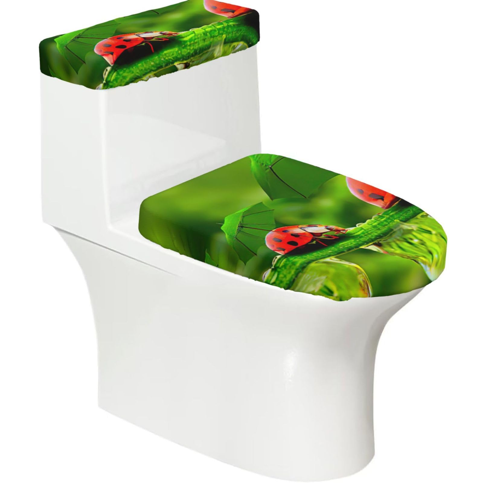 Funny Ladybug Holding Umbrellas Print 2-Piece Stretch Toilet Cover Set, Elastic Breathable Toilet Seat and Tank Lid Protector