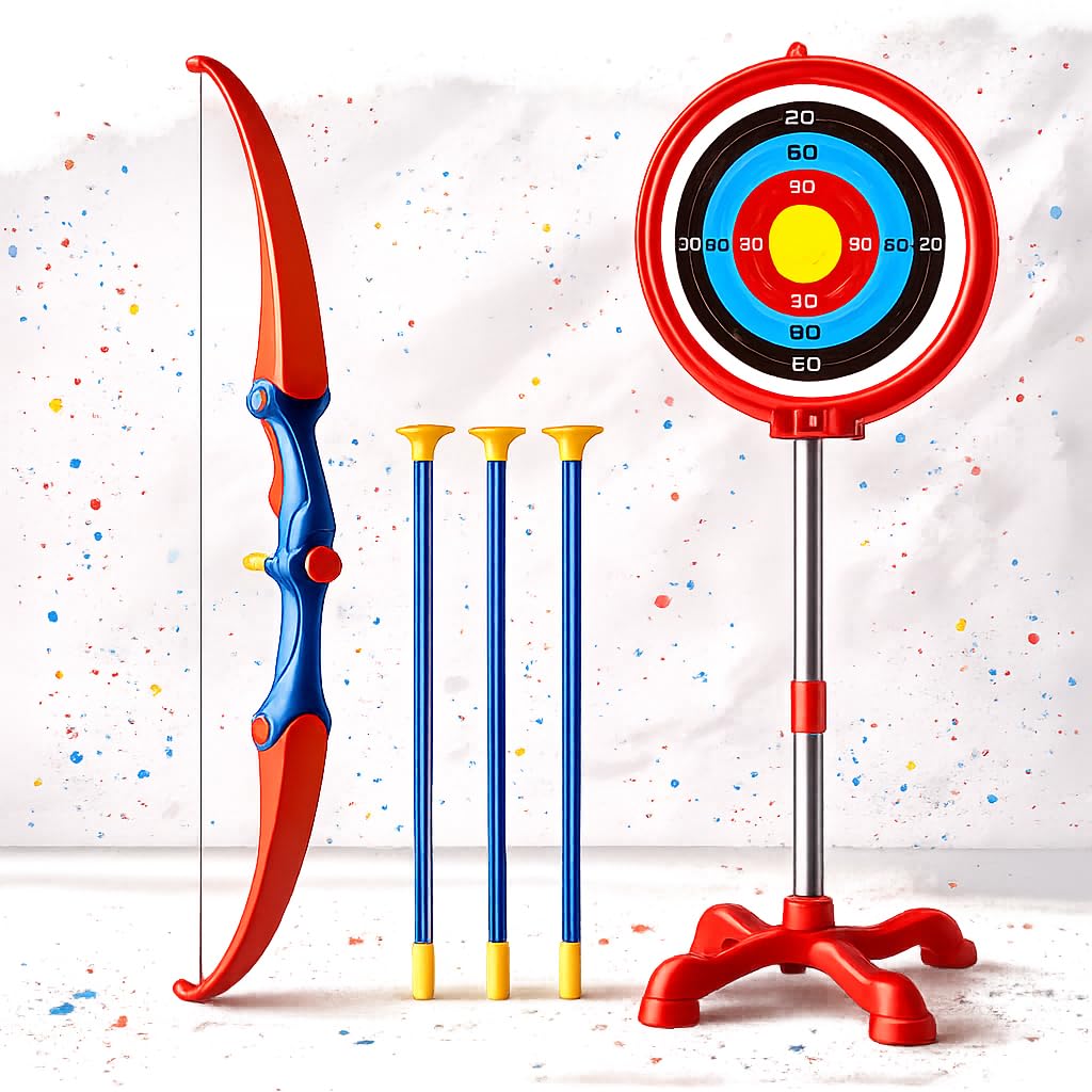 Toyana Kids Bow and Arrow Set - Archery Toy with Height Adjustable Target Stand, 3 Suction Cup Arrows, Indoor & Outdoor Sports Activity Gift Toy for Boys & Girls 3+ Years