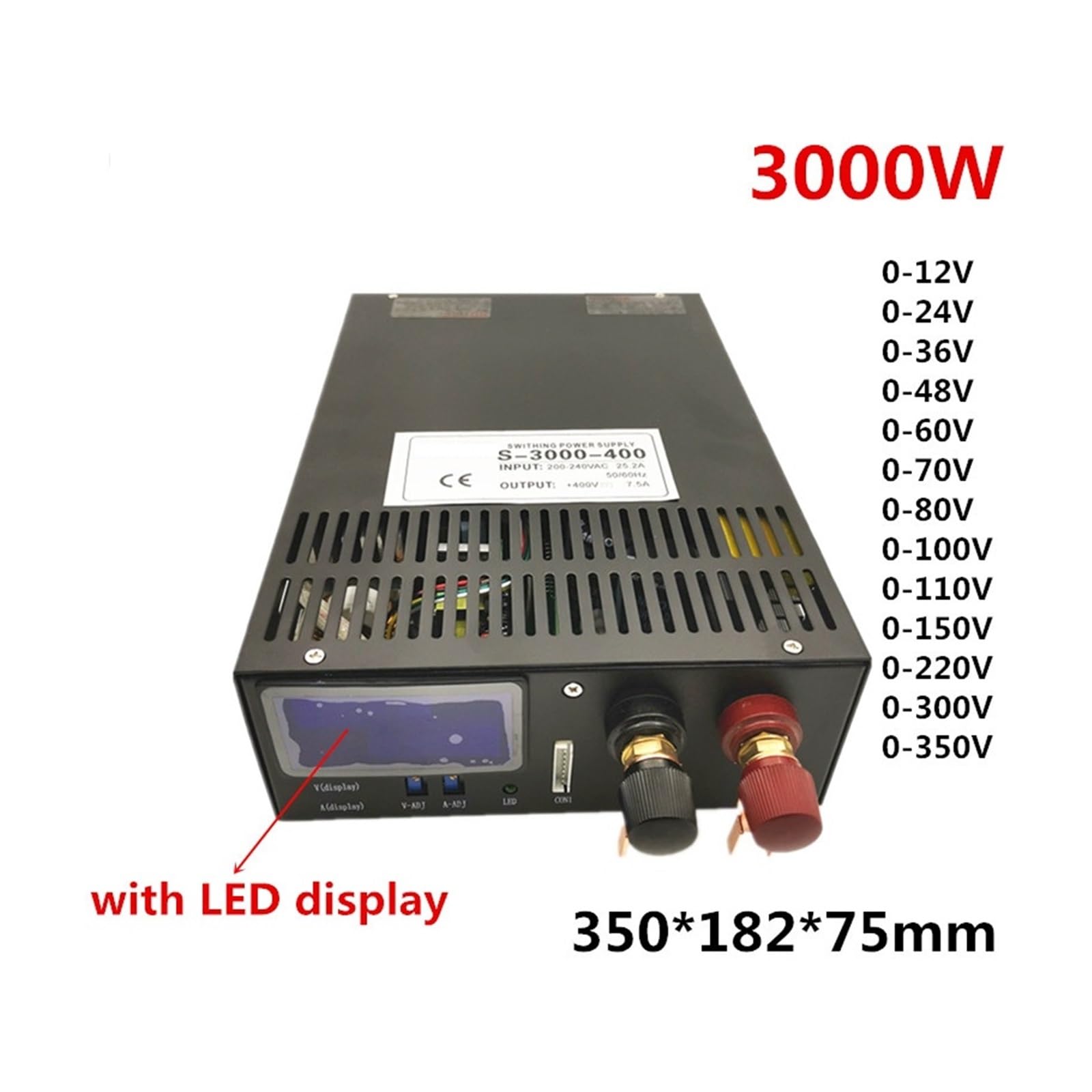Zasilacz impulsowy 3000 W z wyświetlaczem lub bez wyświetlacza 12 V 24 V 36 V 48 V 60 V 72 V 80 V 90 V 110 V 150 V 220 V regulowane napięcie prądu(200-240VAC-0-110V27A)