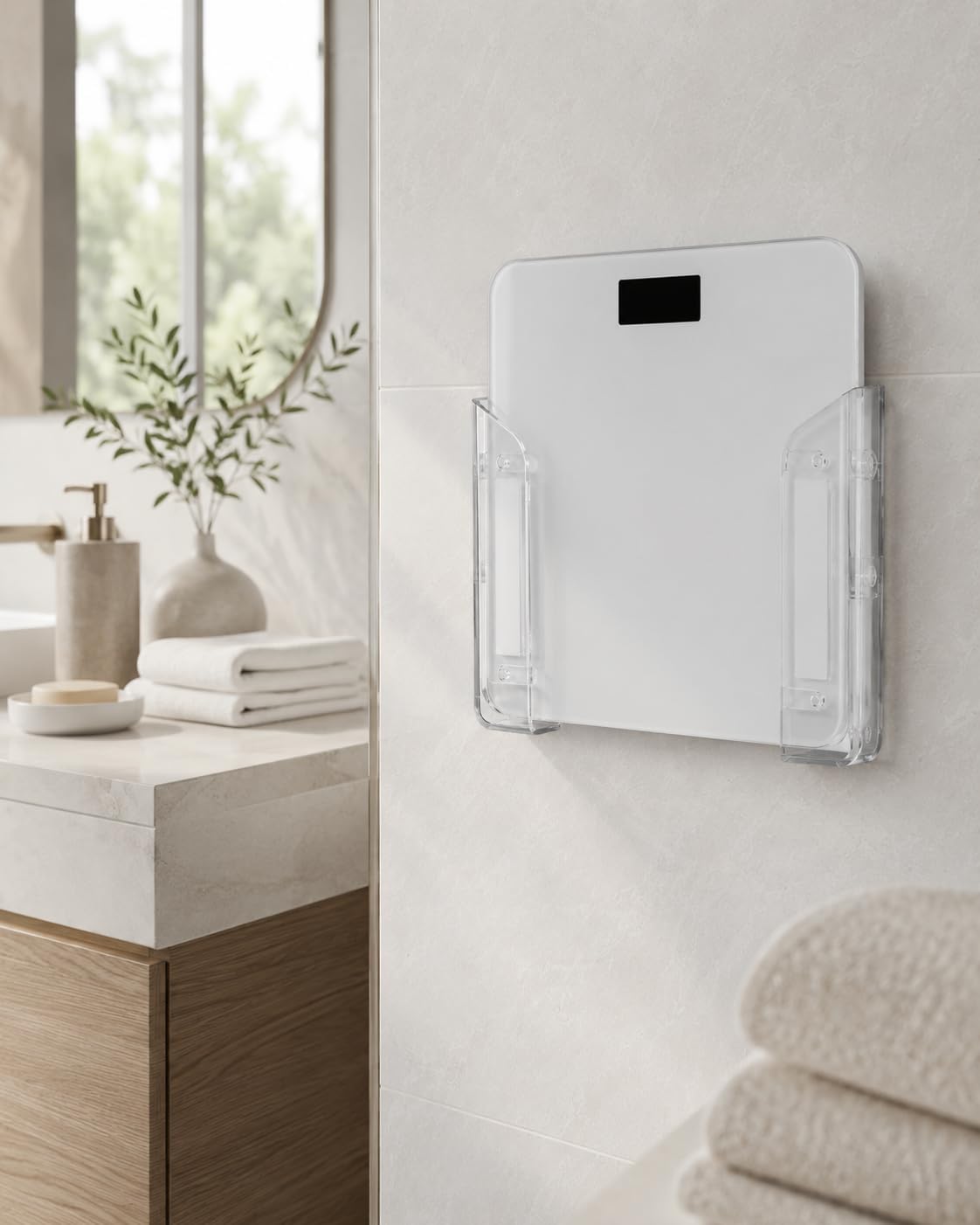 Wall-Mounted Scale Holder, Universal Fit for Digital Scales Up to 1.2"/30mm Thick, Acrylic Holder with Screws, Anti-Slip, Space-Saving, Clear